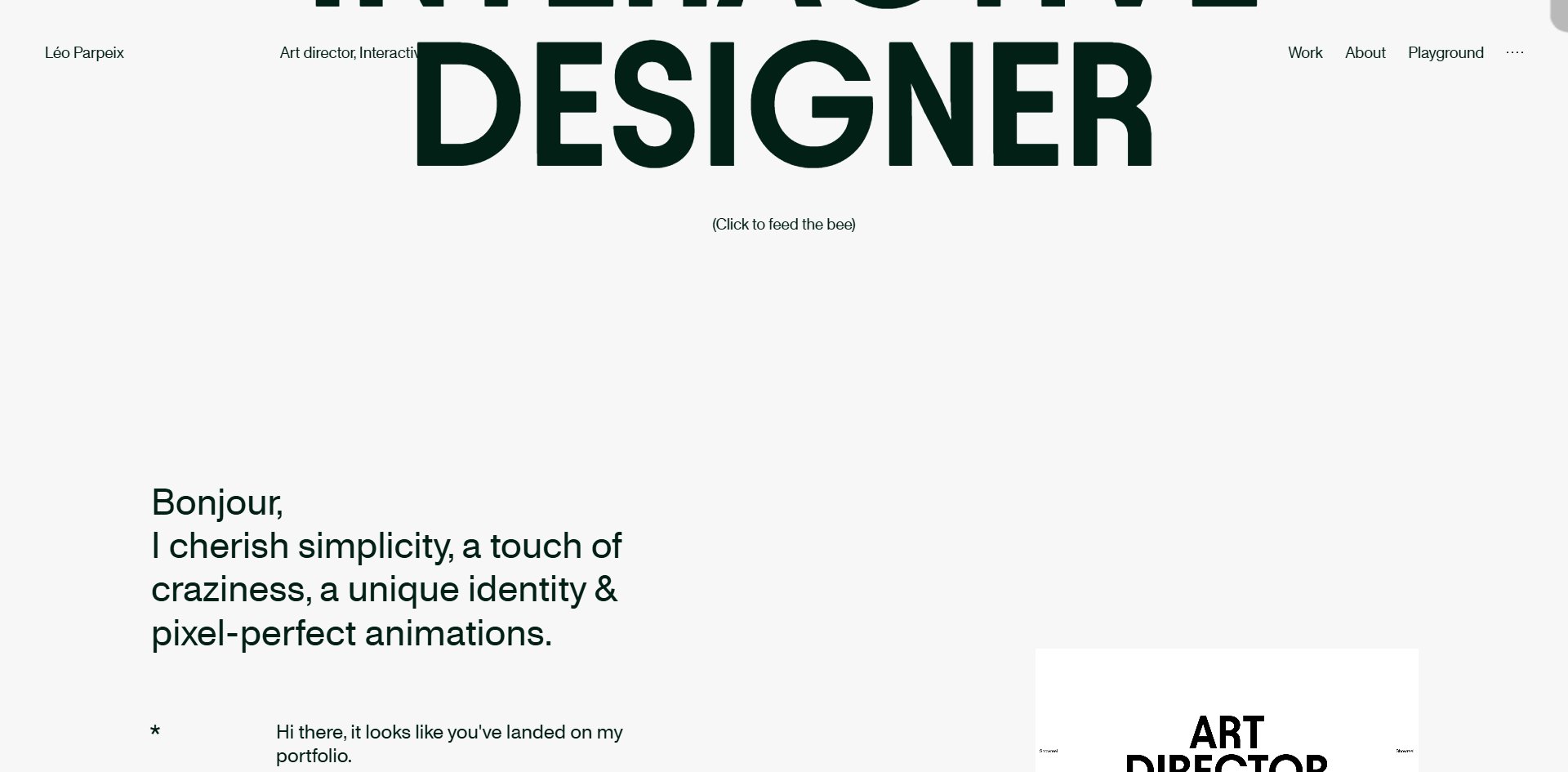 The line under INTERACTIVE DESIGNER reads: click to feed the bee