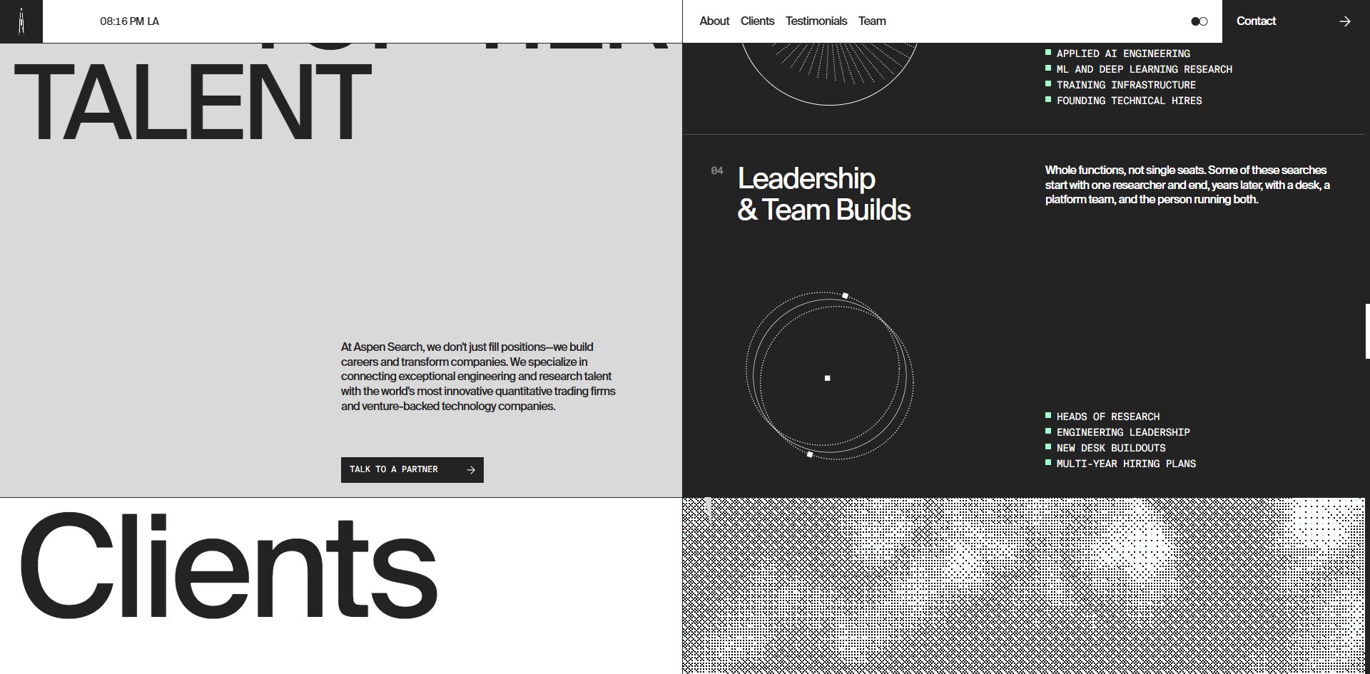 The services section: line diagrams, monospace lists and mint square bullets