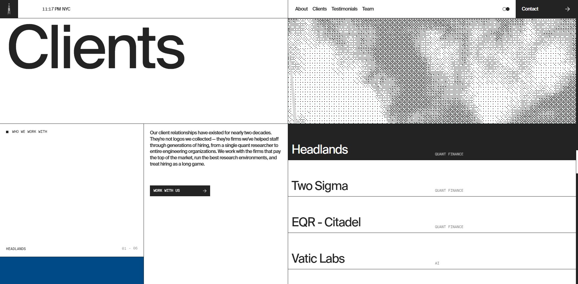 The client list: the selected row flips to reverse and the preview takes that company's colour