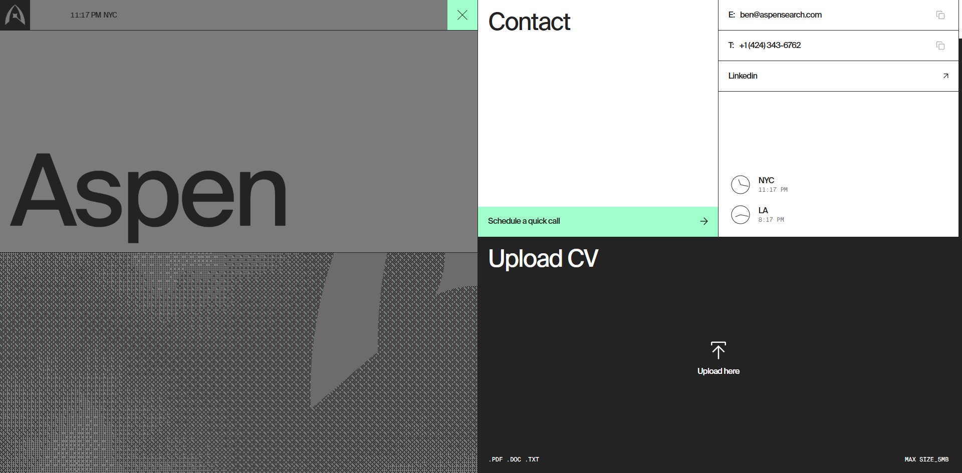 The contact panel: a dial per office and a place to drop a CV