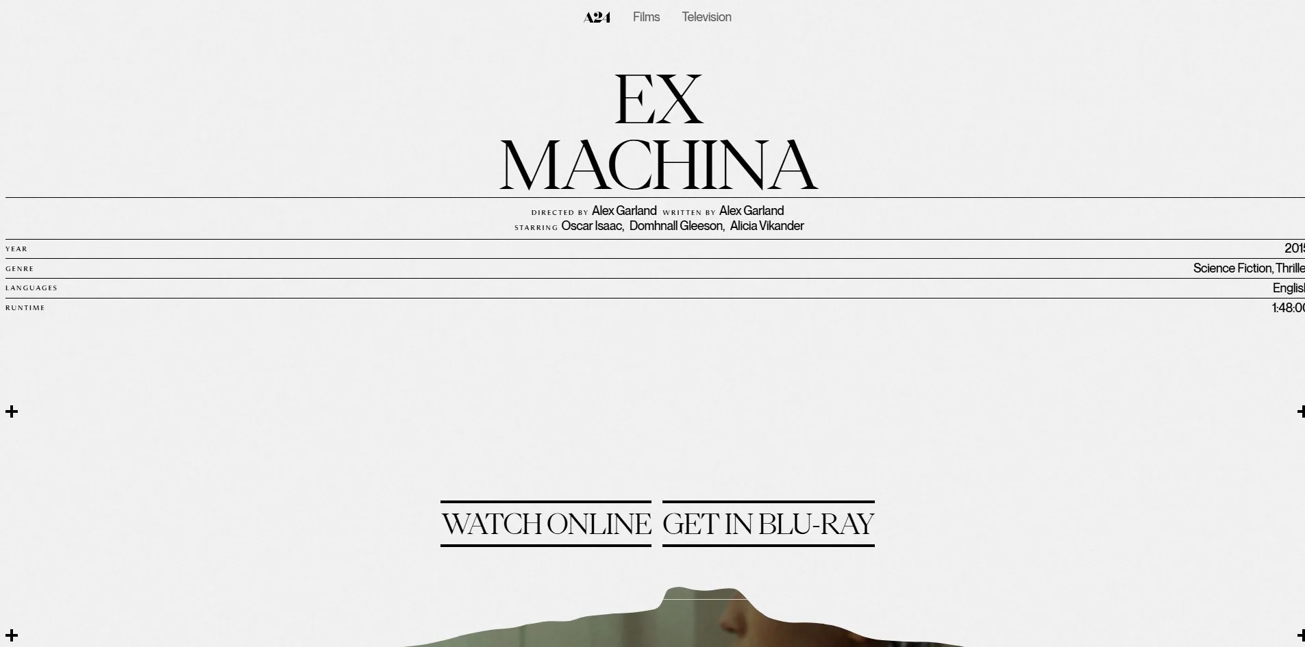 A film page: a huge serif title above a table laid out the way a disc sleeve would be