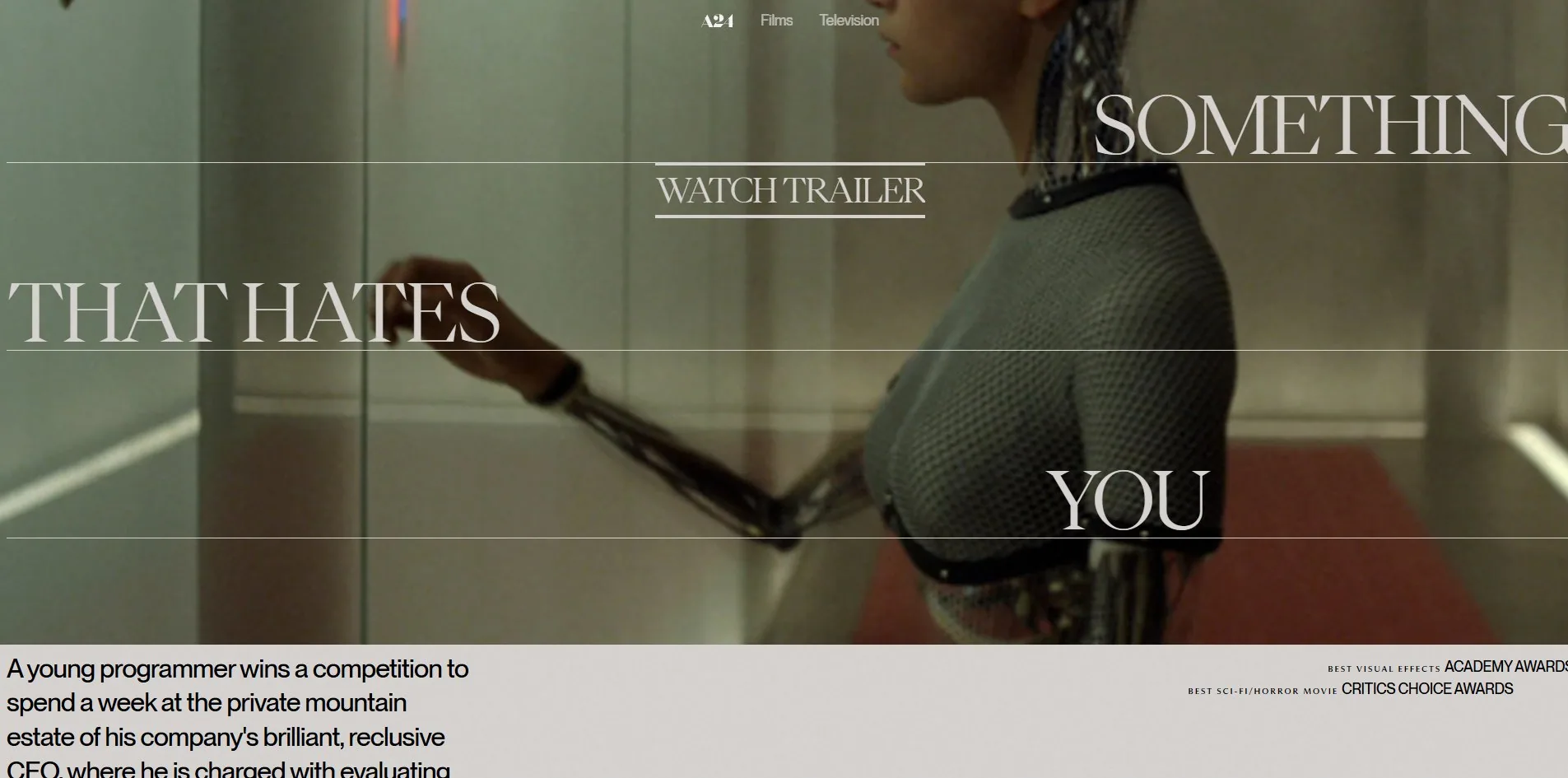 A still fills the screen with the tagline broken across three lines, each on its own rule