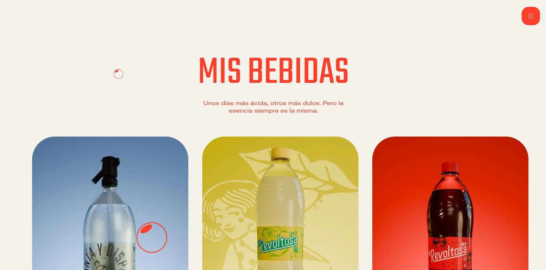 Three product cards on cream, the grey blue siphon, the pale yellow lemon and the deep red cola, the cursor resting on the lemon card and her pale drawing surfacing behind the bottle