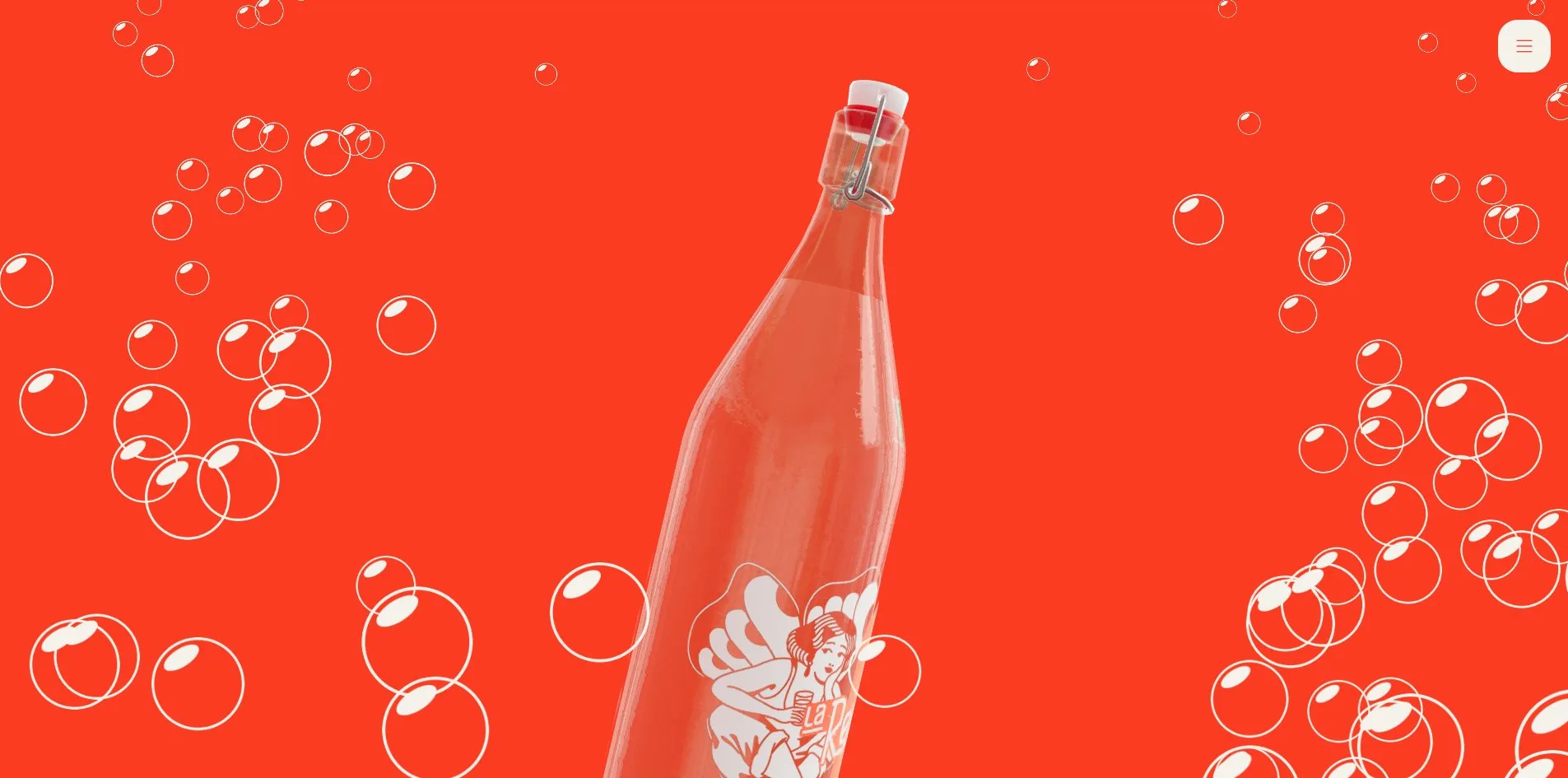 The MUUUUCHO gas screen, dozens of white outlined bubbles crowding upward on red, a glass bottle on the right