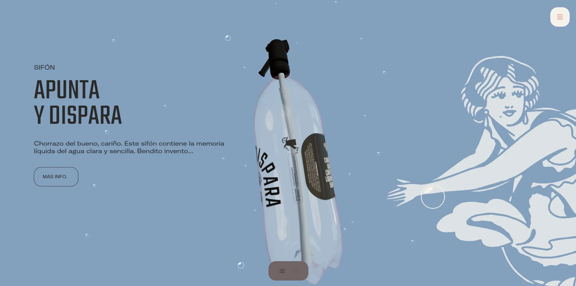 The siphon screen of the products page, grey blue ground, SIFÓN and APUNTA Y DISPARA in two lines of dark grey on the left, a siphon bottle standing in the middle, and her in pale blue on the right with an arm stretched out