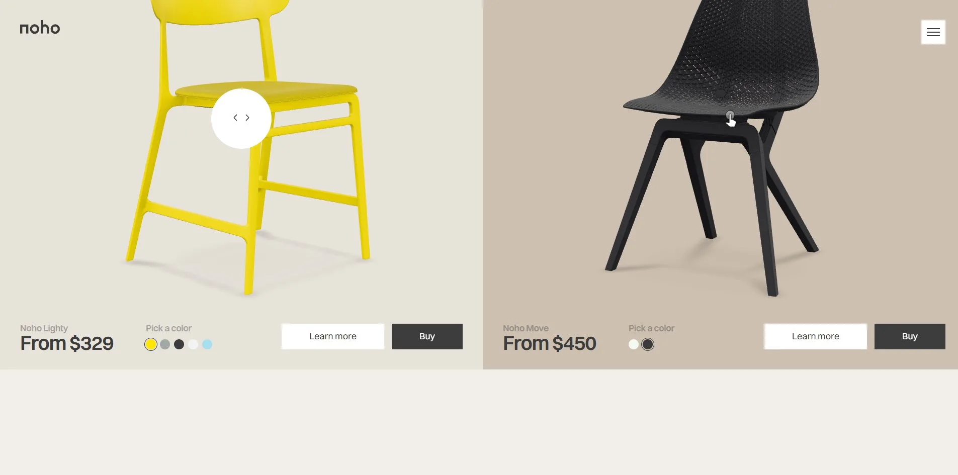 The two product cards, a yellow Lightly on a cream ground at left and a black Move on a sand ground at right, the cursor resting on the yellow chair as a white circle holding a pair of left and right arrows