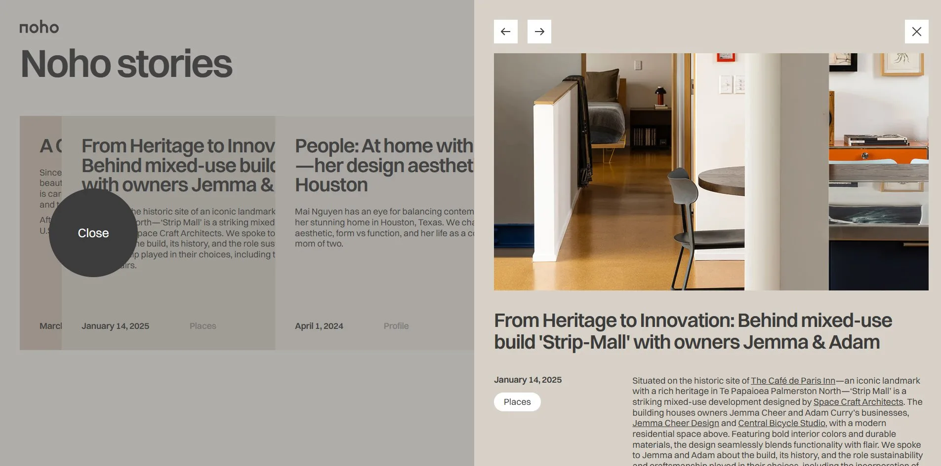 The blog panel, a room photograph above the article From Heritage to Innovation in a column on the right, the page behind dimmed, and the cursor a black circle reading Close