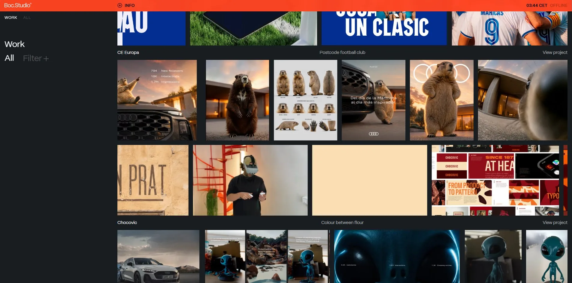 The list of work with the cursor on the Marmota Audi row, which has grown and swapped several frames for clips