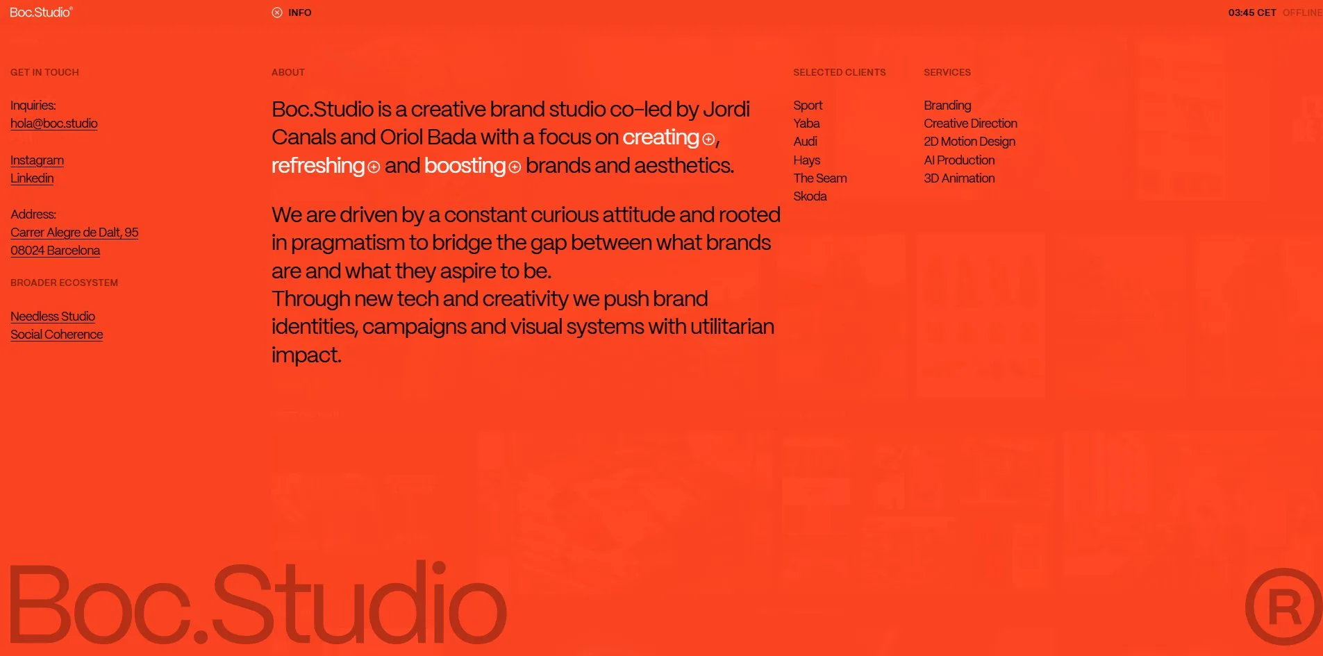 The INFO panel, orange-red glass over the whole page, four columns of text and the darker Boc.Studio wordmark along the bottom
