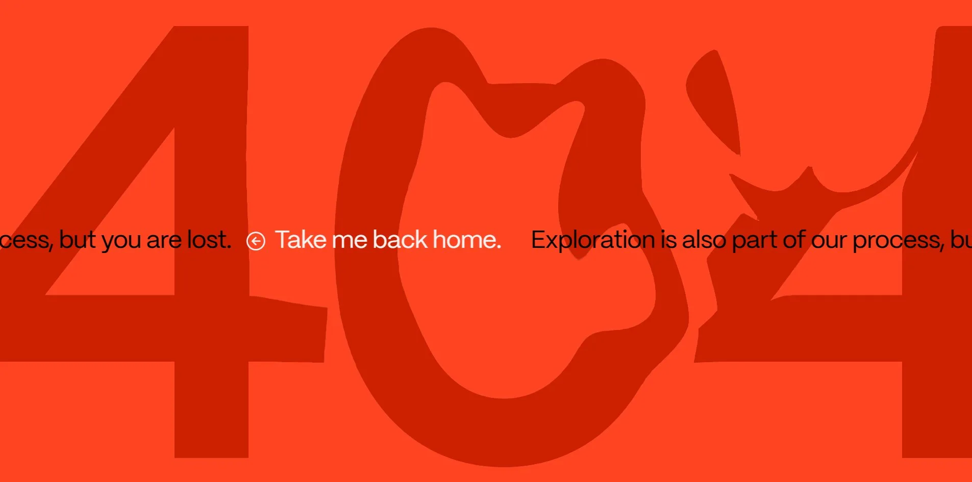 The 404 page, the digits warped by the cursor on the orange ground, with the Take me back home line across the middle