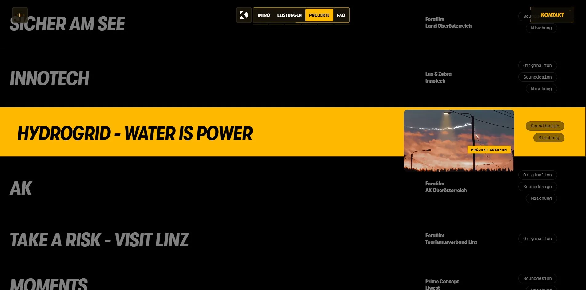 The project list with the HYDROGRID row turned amber and a preview clip beside the cursor carrying a PROJEKT ANSEHEN label