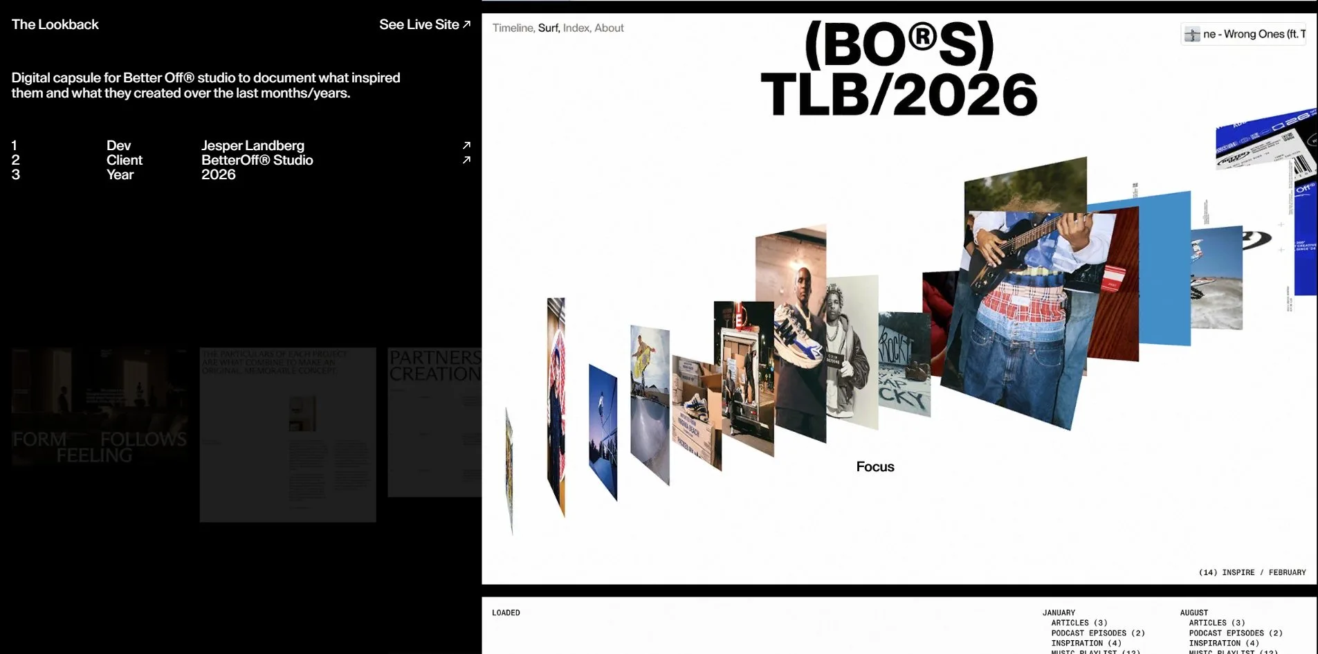The Lookback opened, a sentence of description with three lines for Dev, Client and Year on the black left column, and a large white first screen of that site on the right with the edge of the next image showing at the bottom