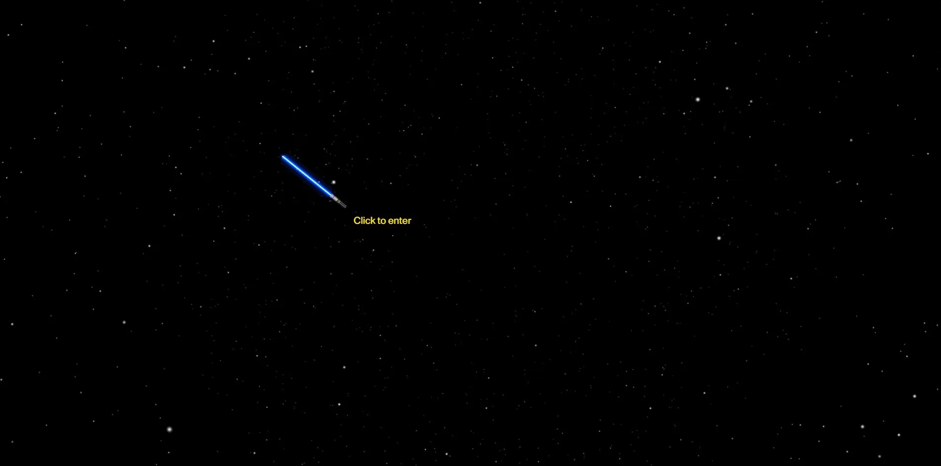 The Star Wars edition before entering, a screen full of stars, a blue lightsaber as the cursor and the yellow words Click to enter beside it