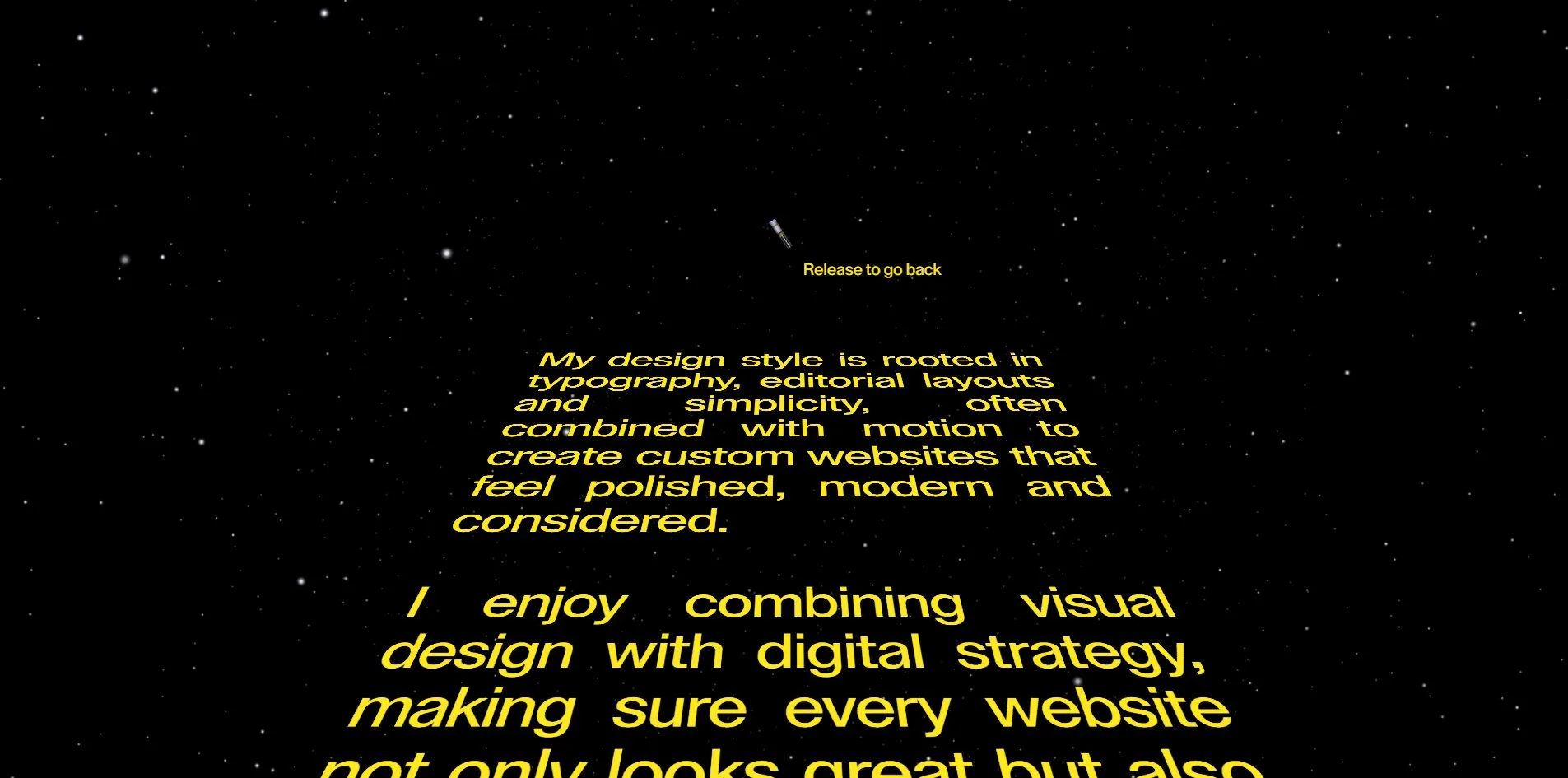 After holding F, the introduction becomes a yellow italic opening crawl narrowing into the distance, with the small line Release to go back above it