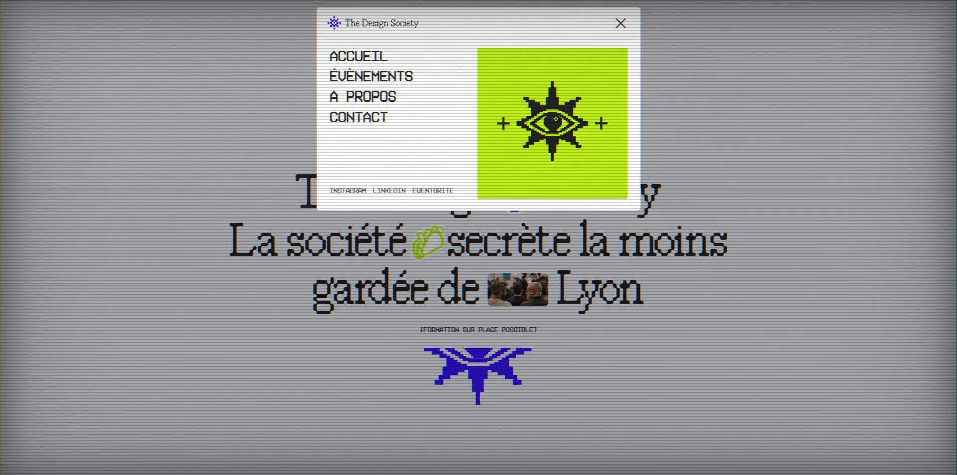 The menu open, a dialog with a close button in the centre of the screen, four pixel type links and three social links on the left, an acid green card with a black pixel eye on the right, and the page outside the dialog dimmed to grey