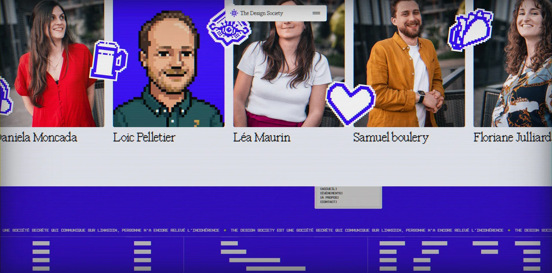 The members strip, Loic Pelletier's card turned into a pixel figure on a blue ground under the cursor, Daniela Moncada and Léa Maurin as photographs on either side, with a pixel beer mug and heart over the cards