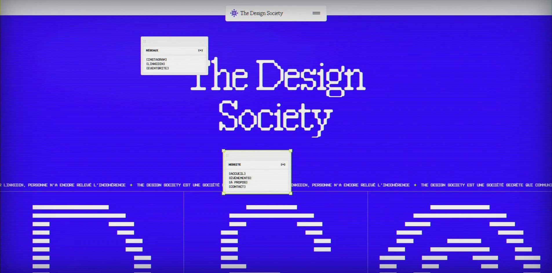 The footer, the white pixel serif words The Design Society on blue, a Réseaux window at the upper left, a Website window dragged down onto the marquee in the middle, and the upper halves of three enormous pixel letters below