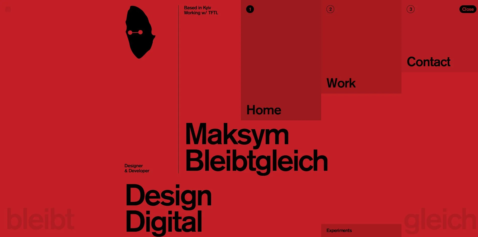 The menu open on the red theme, three dark red columns hanging from the top labelled 1 Home, 2 Work and 3 Contact, Close at the top right and a strip reading Experiments at the bottom