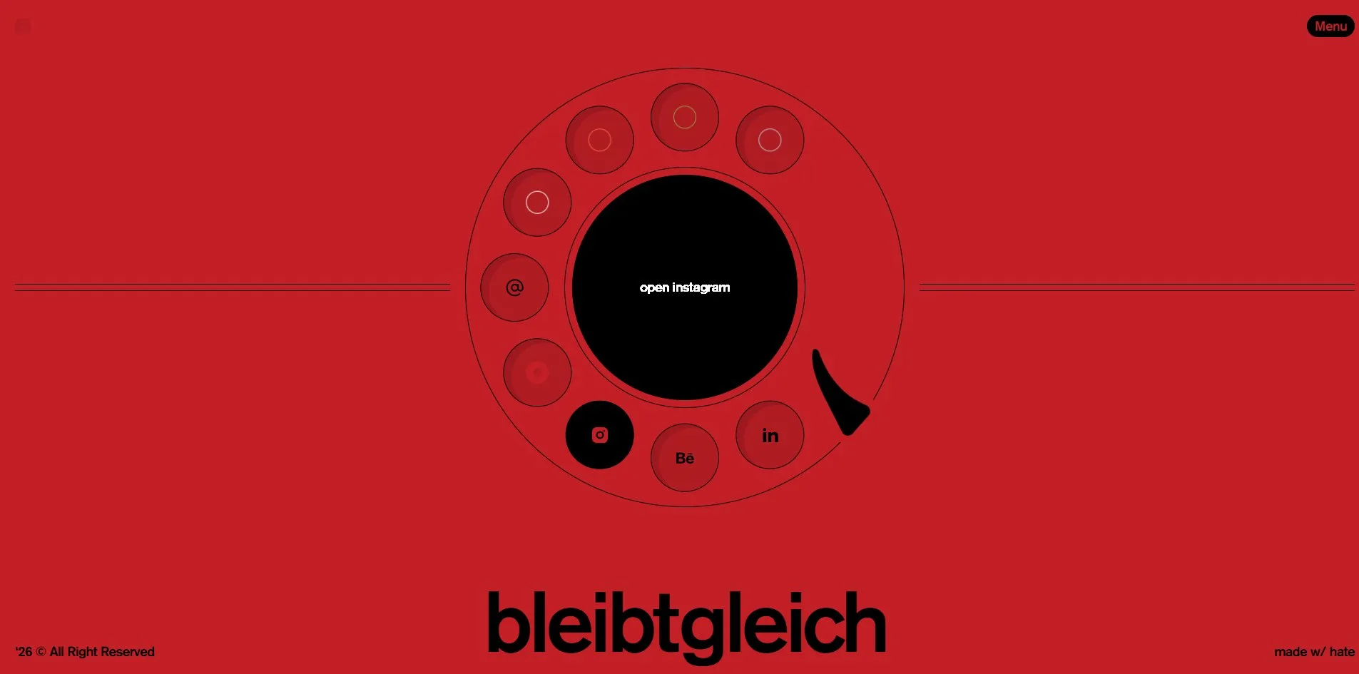 The contact page on the red theme, a rotary dial with the cursor on the Instagram hole, which has filled solid black, and the black centre disc reading open instagram