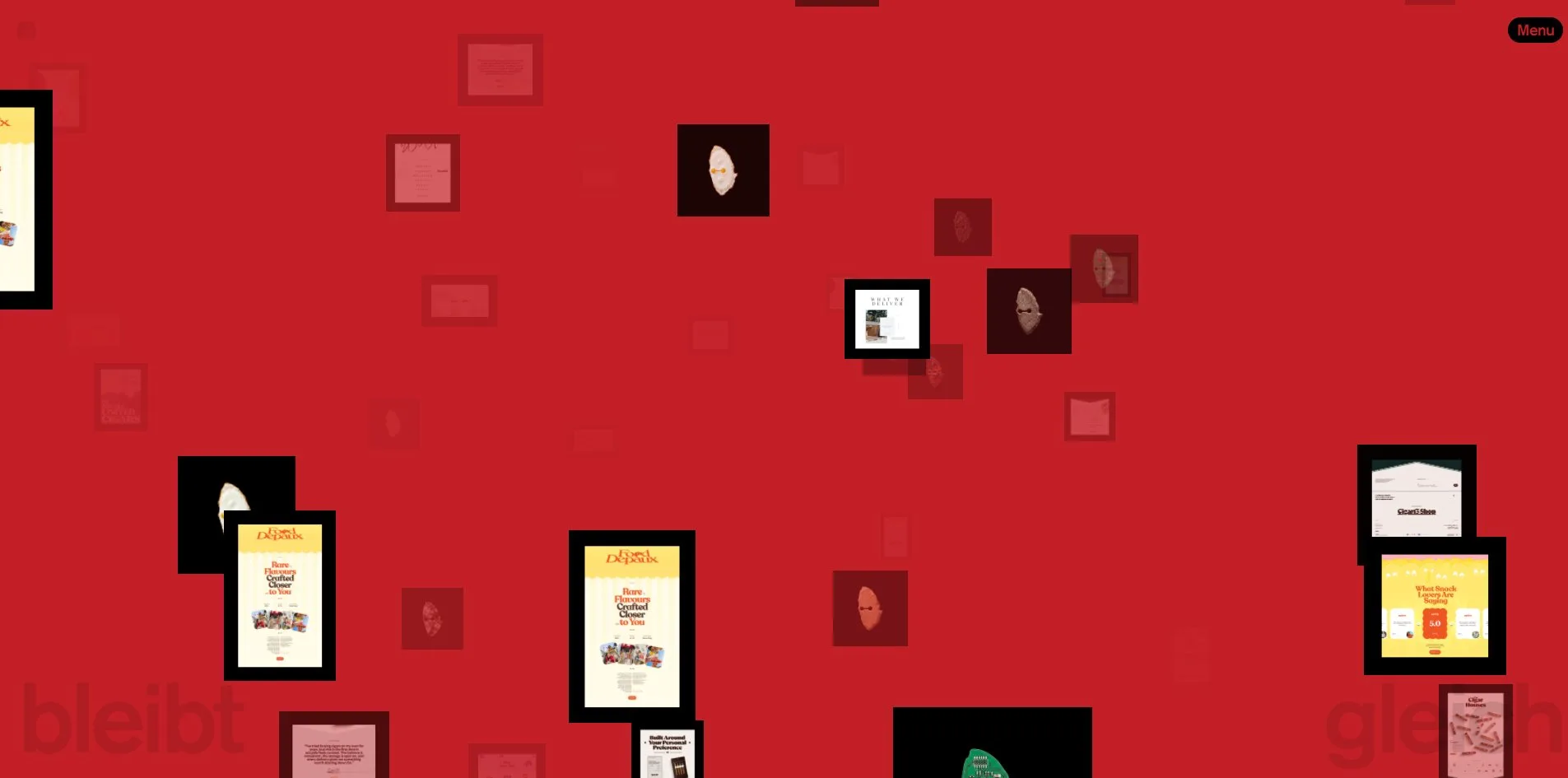 The Experiments page on the red theme, dozens of black framed screenshots scattered at different depths, the near ones large and sharp, the far ones small and faint