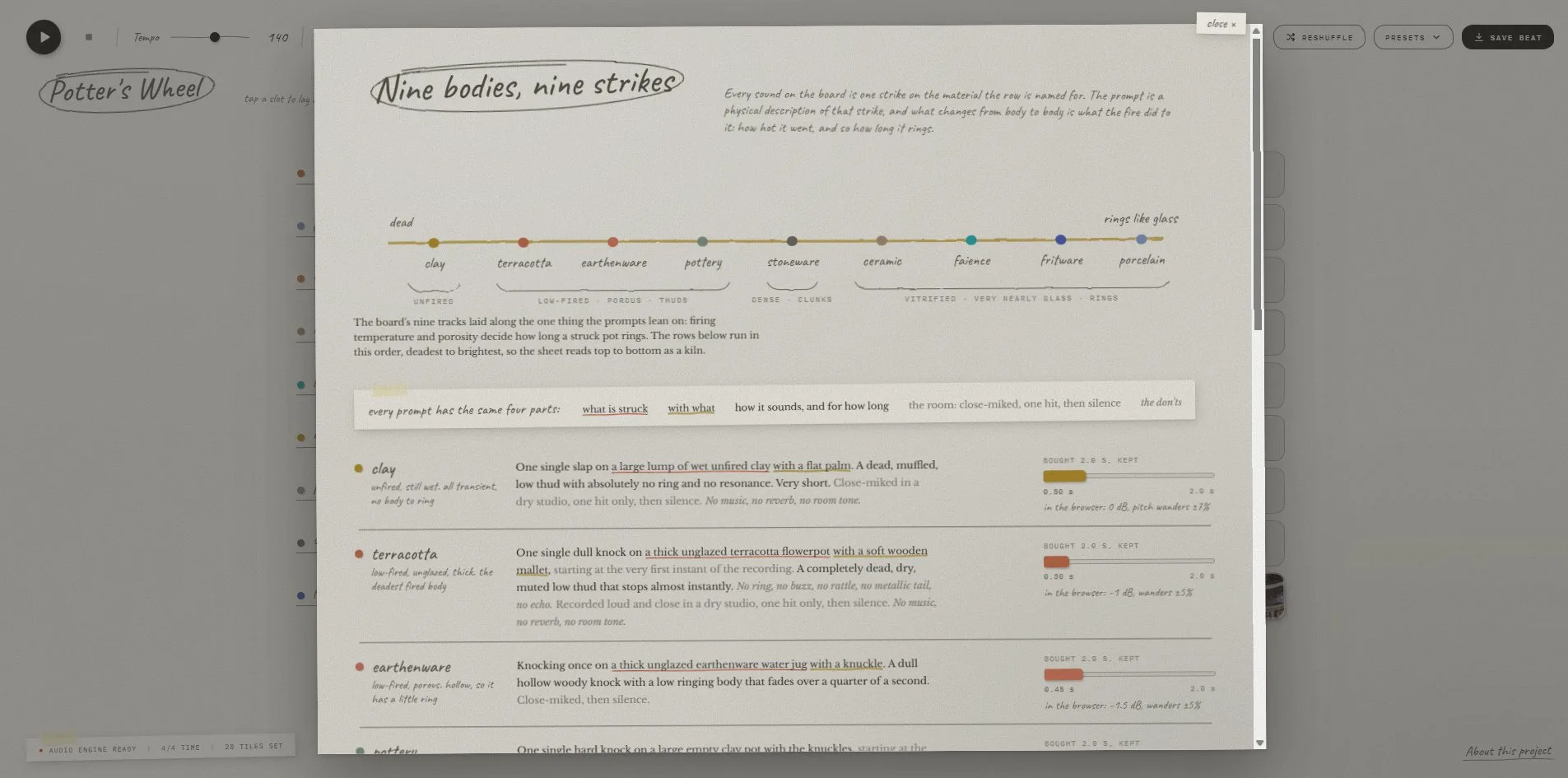 The worksheet opened from the about panel, titled Nine bodies, nine strikes, a scale from dead to rings like glass with nine coloured dots along it, and below it the clay, terracotta and earthenware rows with their descriptions and duration bars on the right