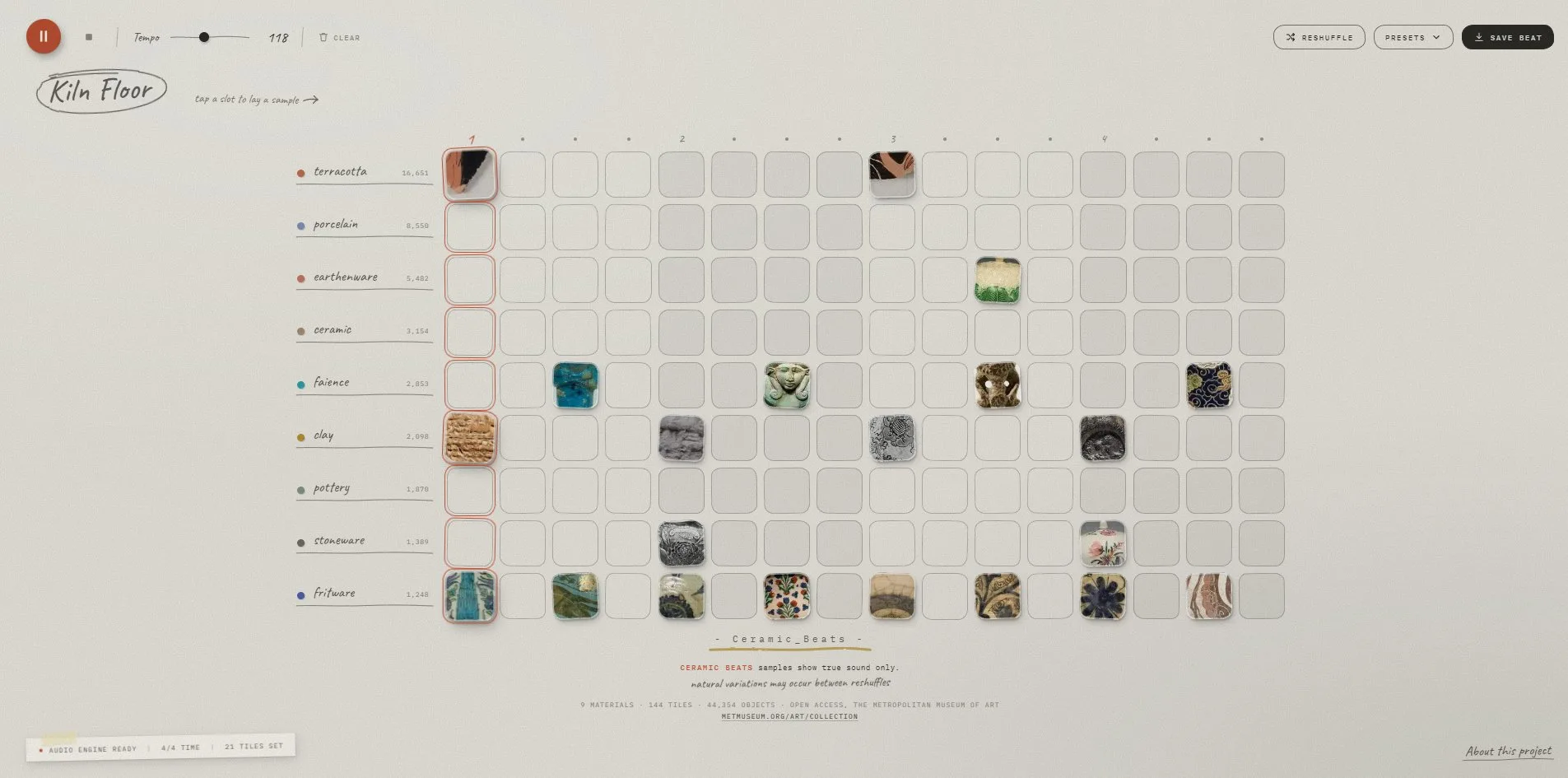 The board playing, the nine slots of the first column outlined in terracotta red, the object photographs in the first slots of the terracotta, clay and fritware rows slightly enlarged, and the first playhead dot turned red