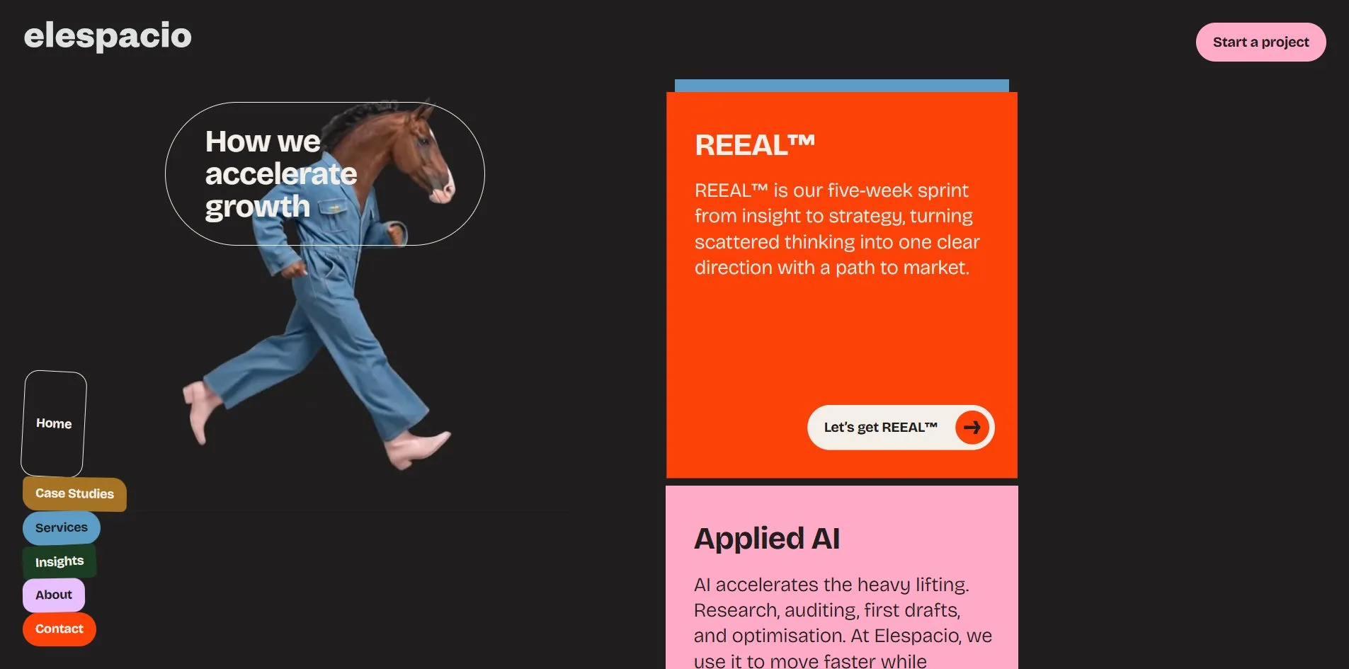 The service cards screen, an outlined oval on the left reading How we accelerate growth with a man in blue pyjamas and a horse's head striding across it, an orange red REEAL card on the right with a strip of the blue Brandformance card showing above it and the pink Applied AI card following beneath