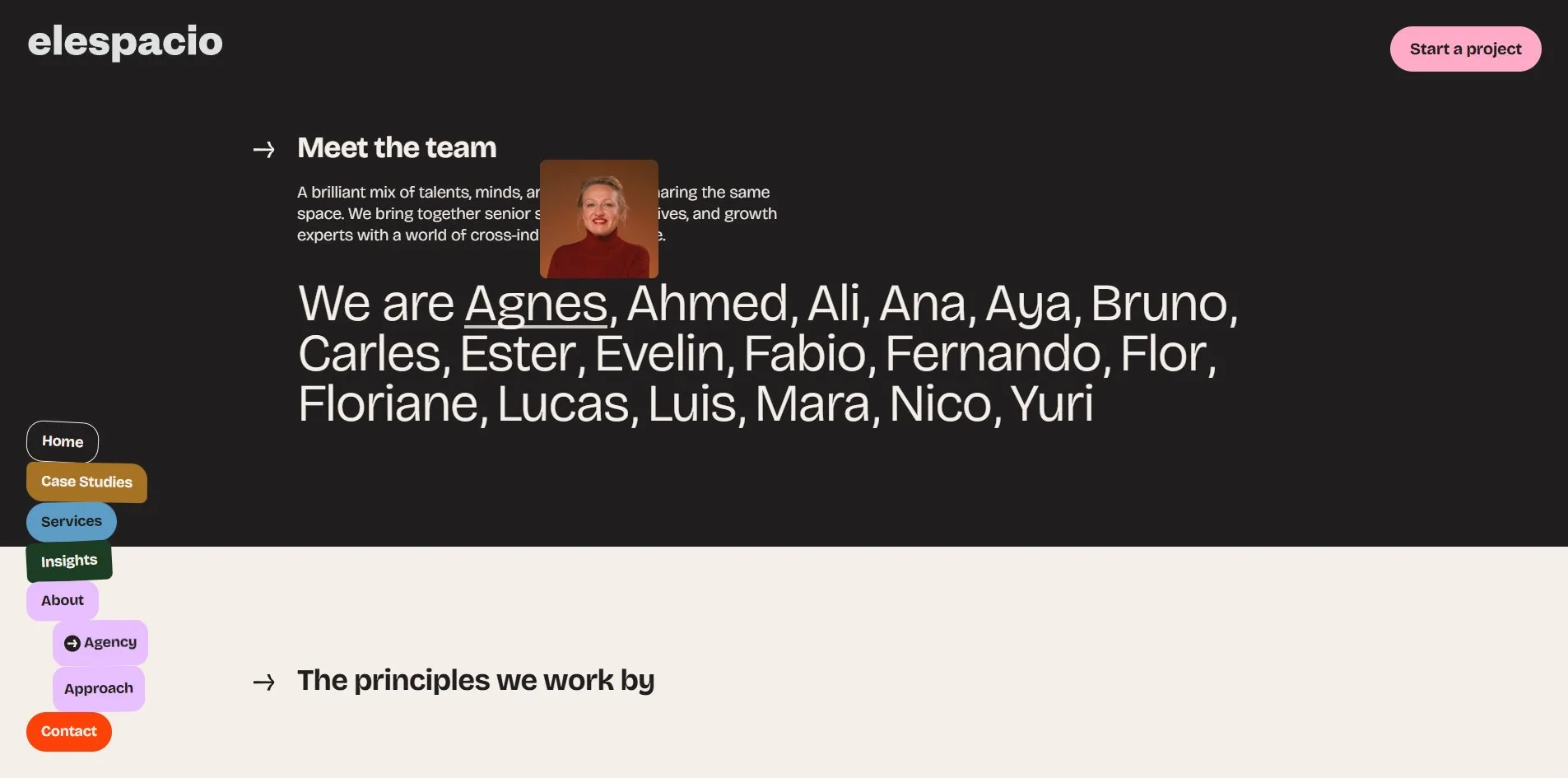 The team passage of the Agency page, We are Agnes, Ahmed, Ali running over three lines of light type on a dark ground, Agnes underlined, a photograph of a woman in a red jumper popping up above the name, and Agency and Approach unfolded beneath About in the sticker navigation on the left