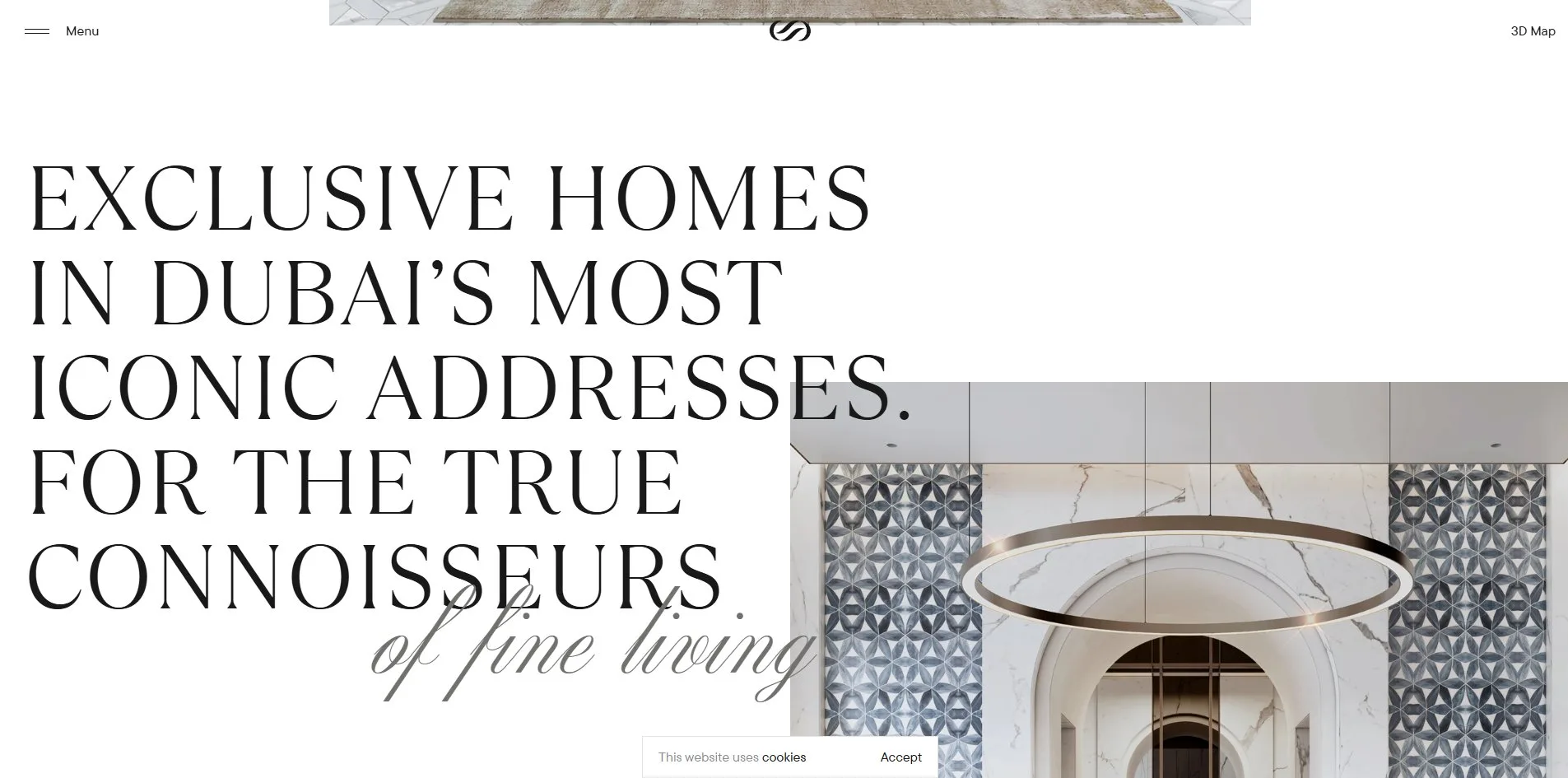 The About screen, EXCLUSIVE HOMES IN DUBAI'S MOST ICONIC ADDRESSES stacked line by line on the left, a bathroom render sliding up from under the words at the bottom right, and of fine living closing in grey script
