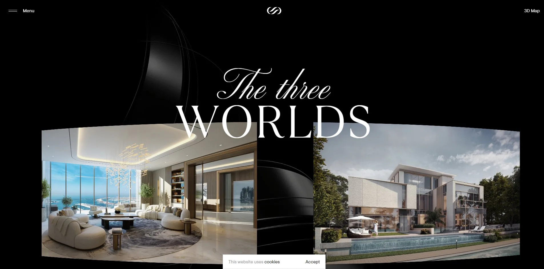 The Collection chapter, The three WORLDS over a black canvas, three renders on curved surfaces in a row, the centre one a white villa with a pool