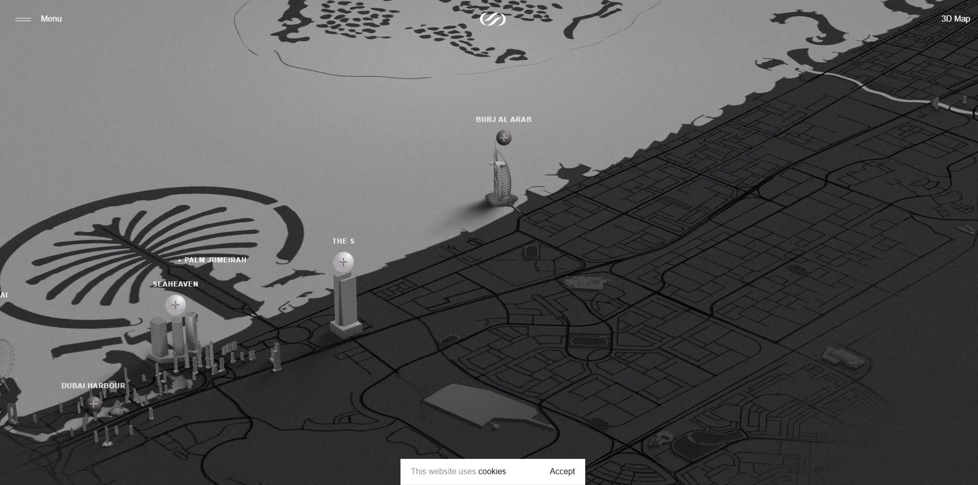 The map page, a grey model of Dubai, Palm Jumeirah on the left, the coastline crossing the frame diagonally, and the pins for Seaheaven, The S and the Burj Al Arab standing on their buildings