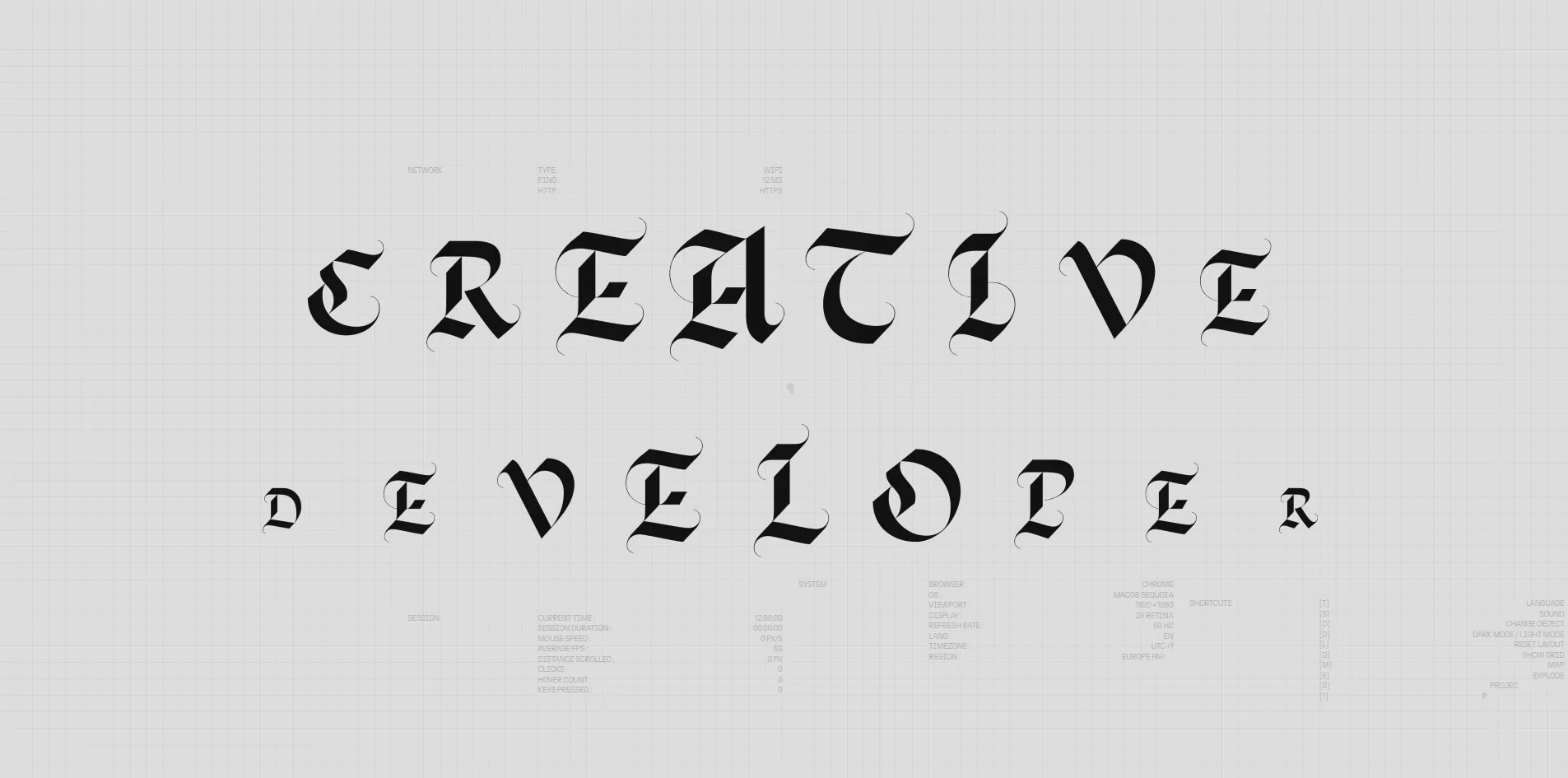 A frame just after the opening, with the huge black blackletter CREATIVE DEVELOPER appearing letter by letter on a pale grey grid.