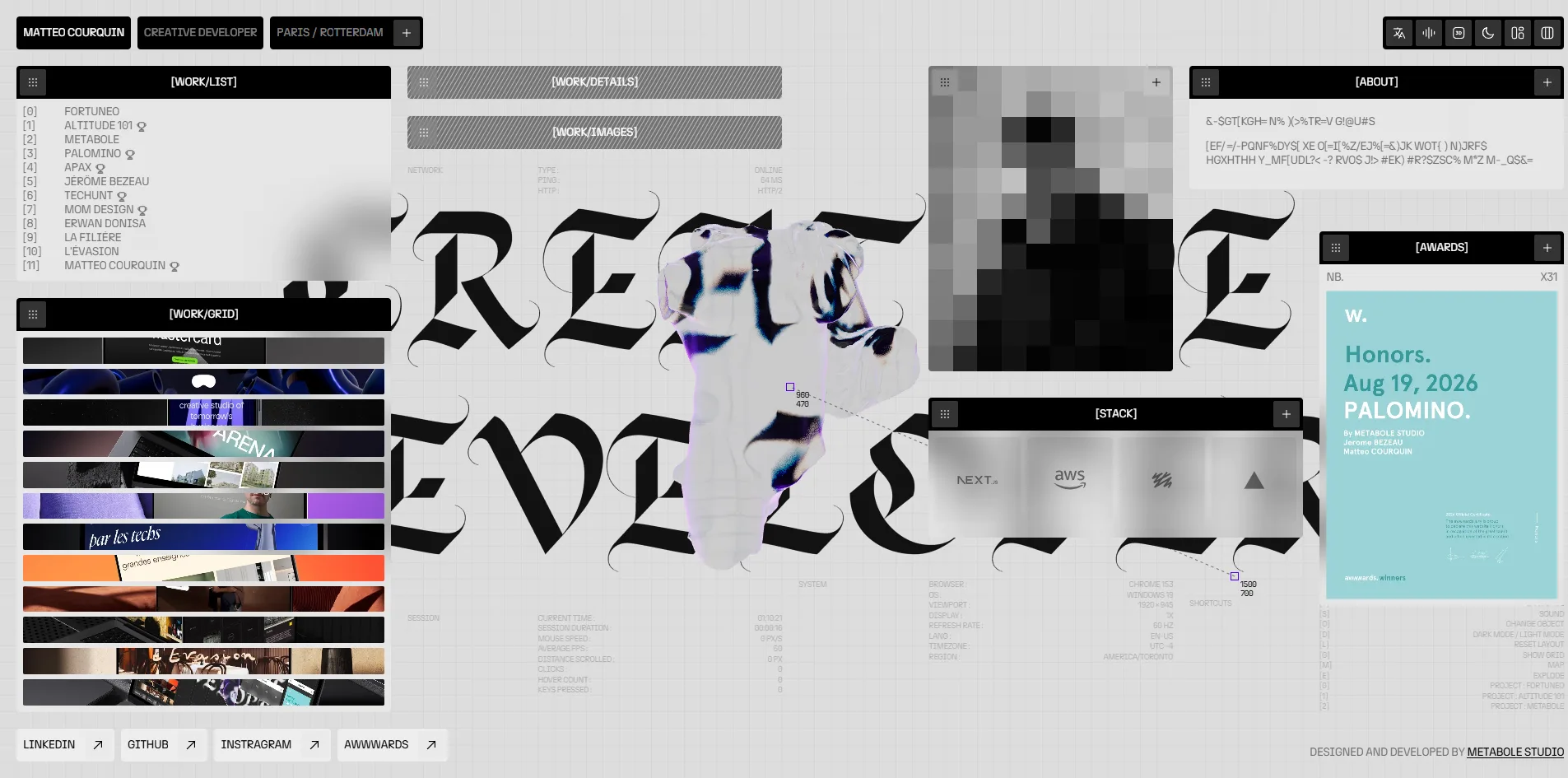 The full desktop, with the work list and a column of colourful thumbnails on the left, a translucent Greek bust over huge blackletter in the middle, and a pixelated portrait, the ABOUT window, the tech stack window and an Awwwards Honors certificate on the right.