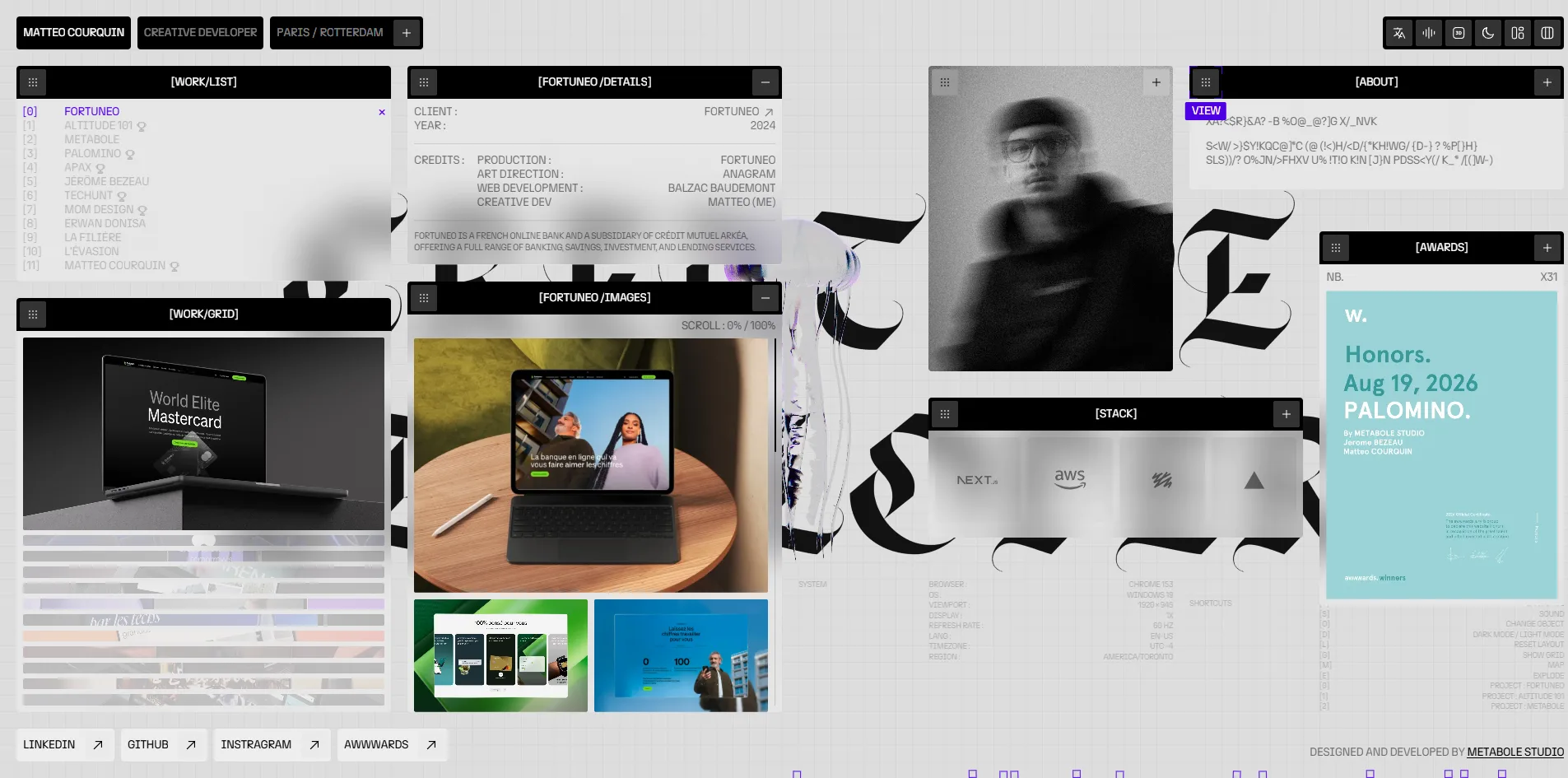 After a number key opens the first project, Fortuneo, the FORTUNEO /DETAILS window lists the client, year and roles, and the FORTUNEO /IMAGES window shows a website on a tablet with two small pictures below.