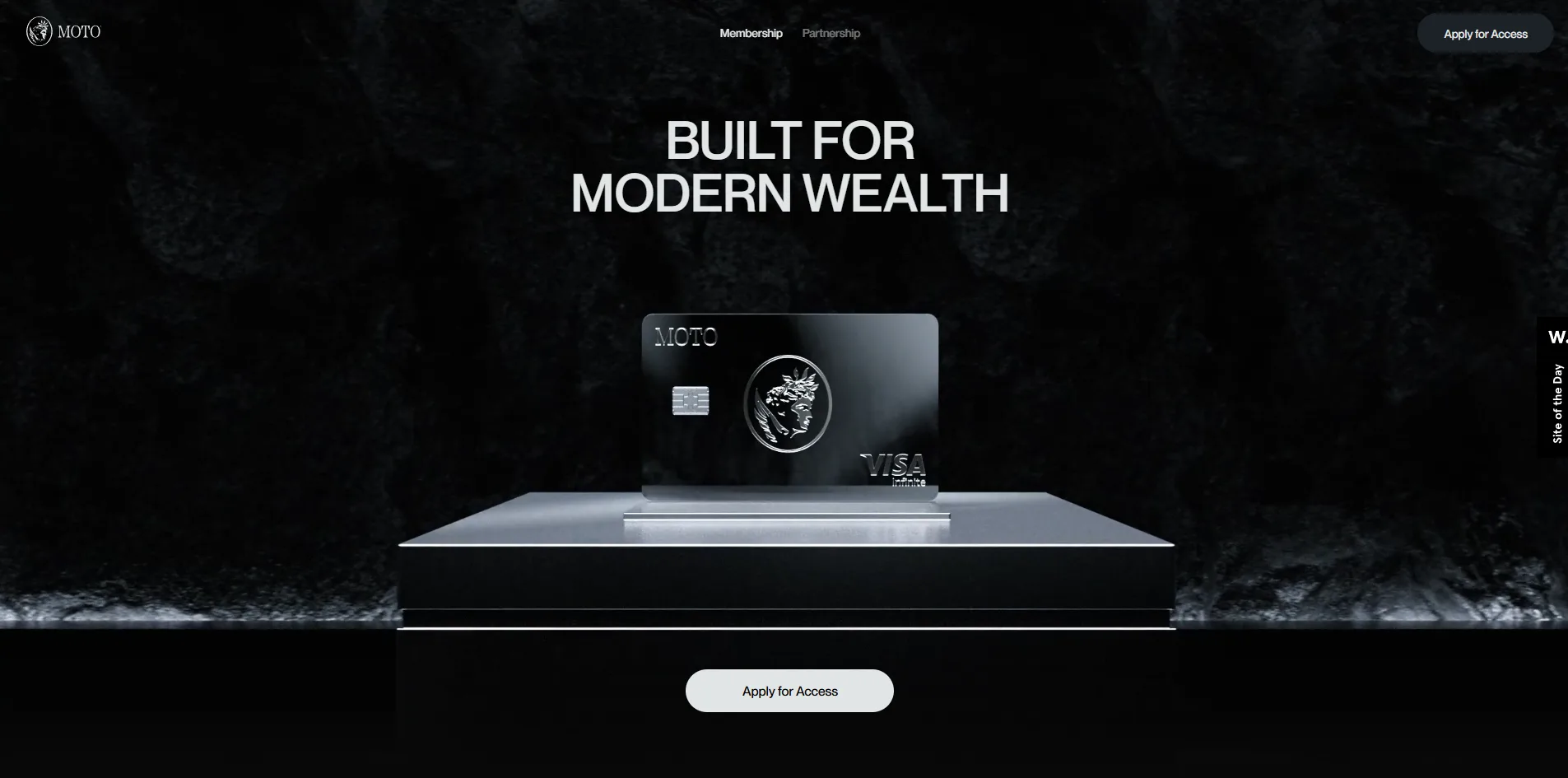 The first screen shows a stone plinth in front of black rock, with a dark metal card bearing a profile-head emblem and the word VISA on it, the white title BUILT FOR MODERN WEALTH above and an Apply for Access button below.