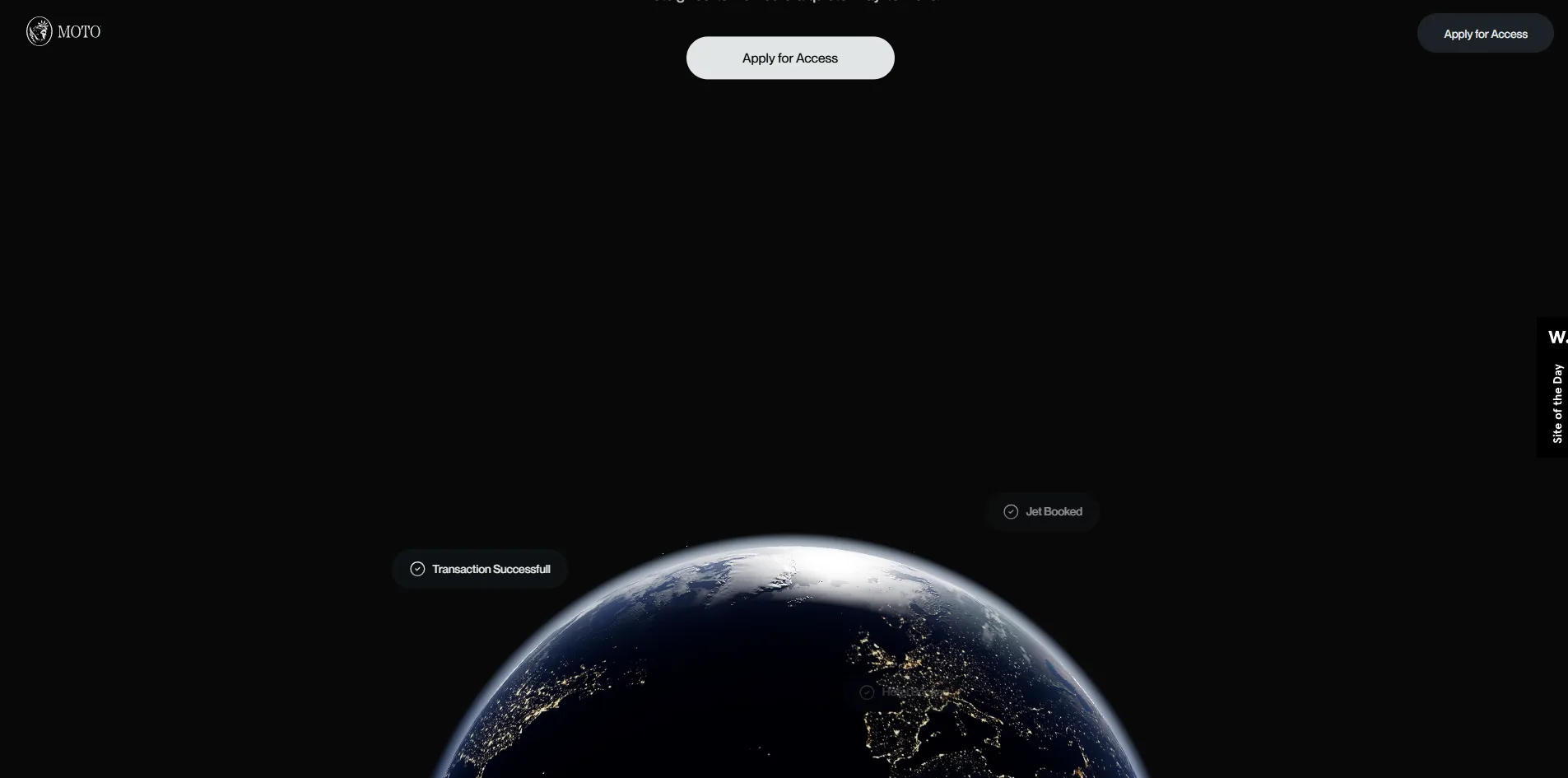 On the Earth screen a night-time Earth covered in city lights rises from the bottom of a black background, with a small label on the left reading Transaction Successfull and one on the right reading Jet Booked.