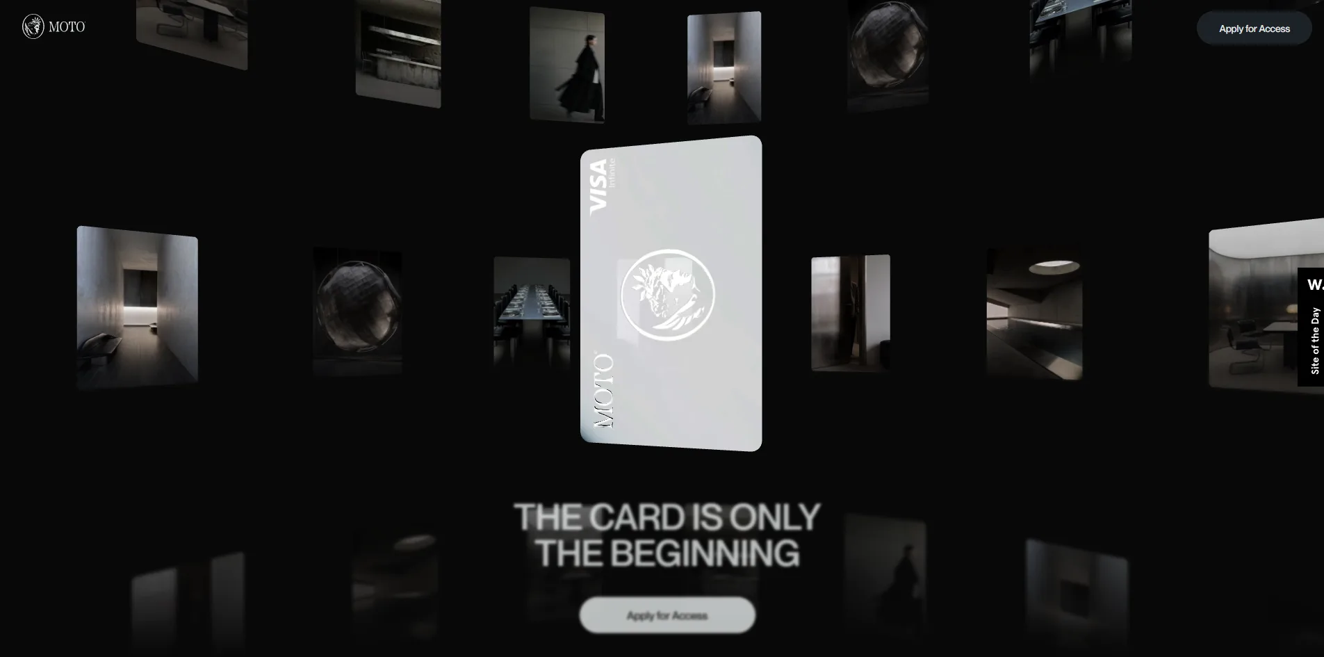 A pale card is turning toward the camera, surrounded by many dark photographs of empty rooms, a long dining table and silhouetted people, with THE CARD IS ONLY THE BEGINNING written below.