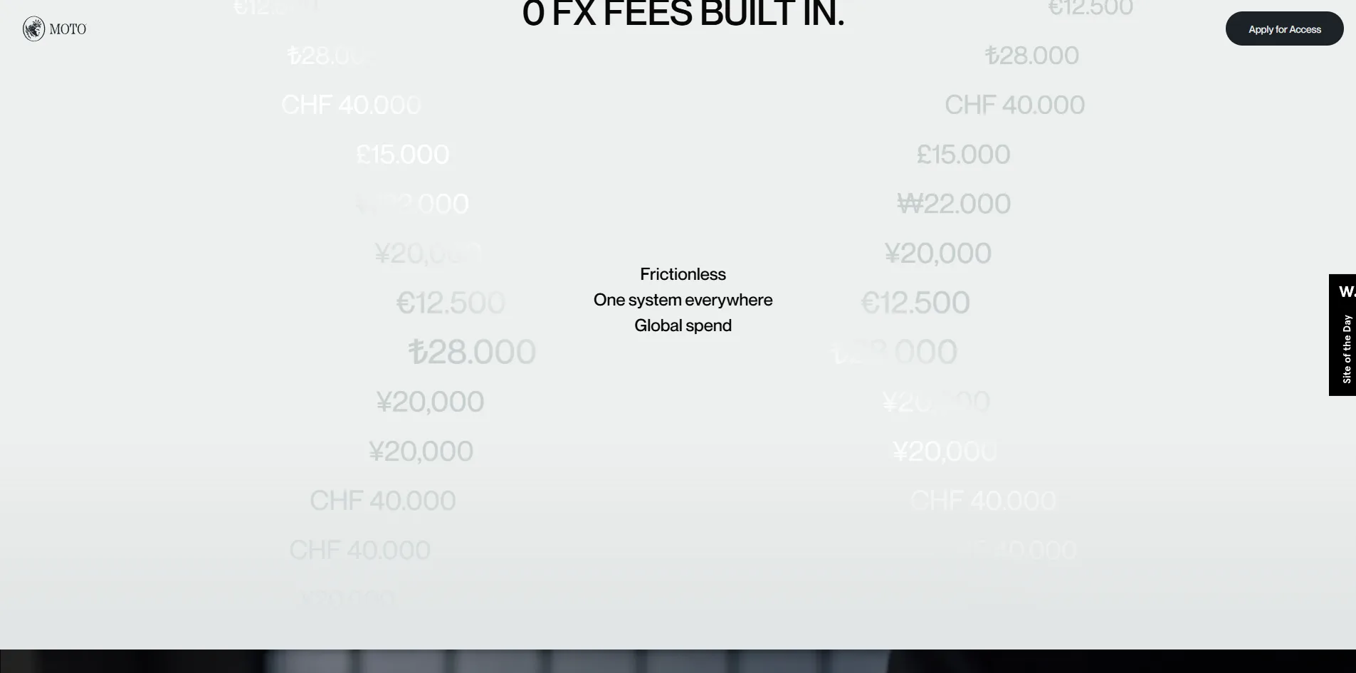 On the exchange screen two columns of translucent currency amounts sit on pale grey, with three lines of small text in the middle and the headline 0 FX FEES BUILT IN showing at the top.