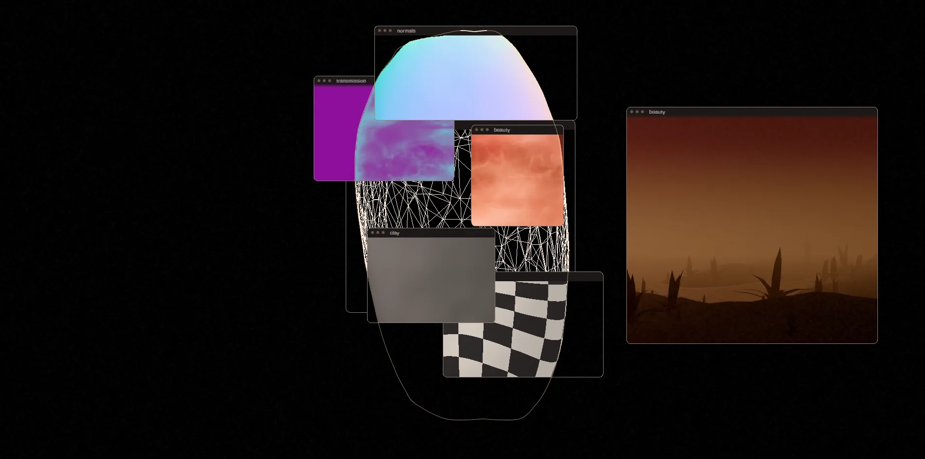 In the opening, several small windows labelled normals, transmission, beauty and clay overlap the outline of the stone on black, showing a colourful surface-direction view, a purple light-transmission view, a grey clay model, a black and white checkerboard and a finished render of the plain.