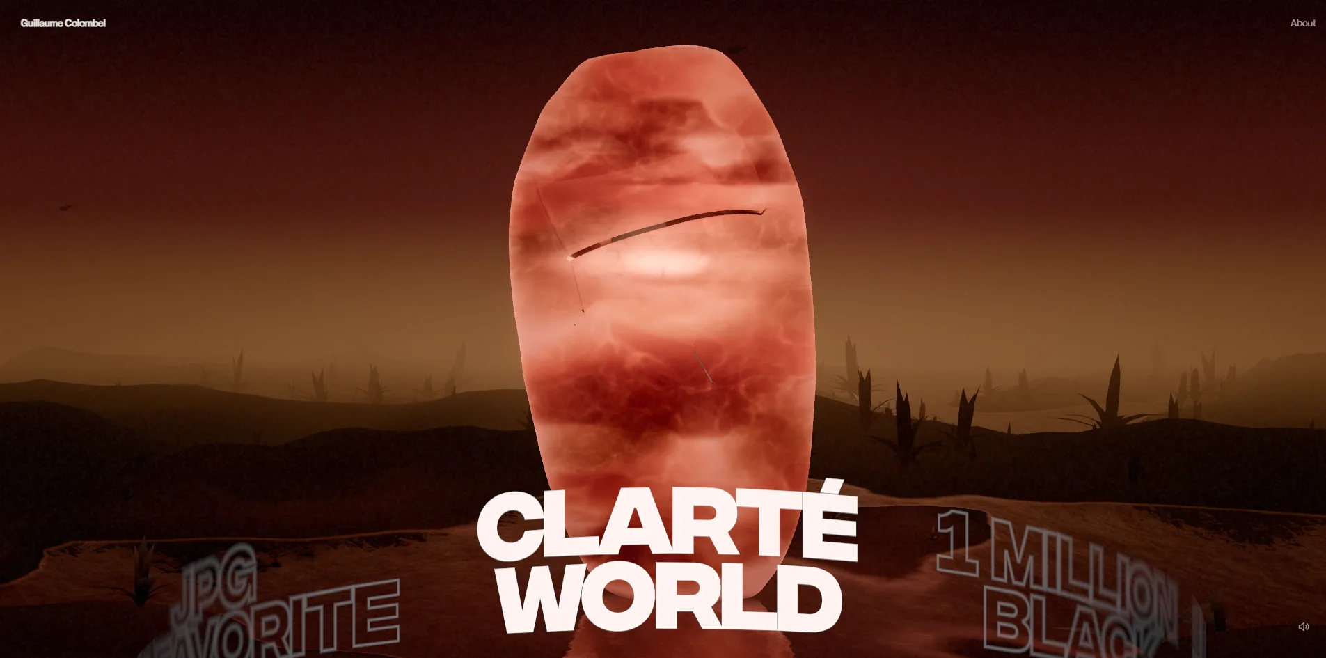 In the CLARTÉ WORLD project, a translucent red stone stands on a red plain with a horizontal crack across its upper half, the bold white title CLARTÉ WORLD below it and outlined titles curving away on either side.