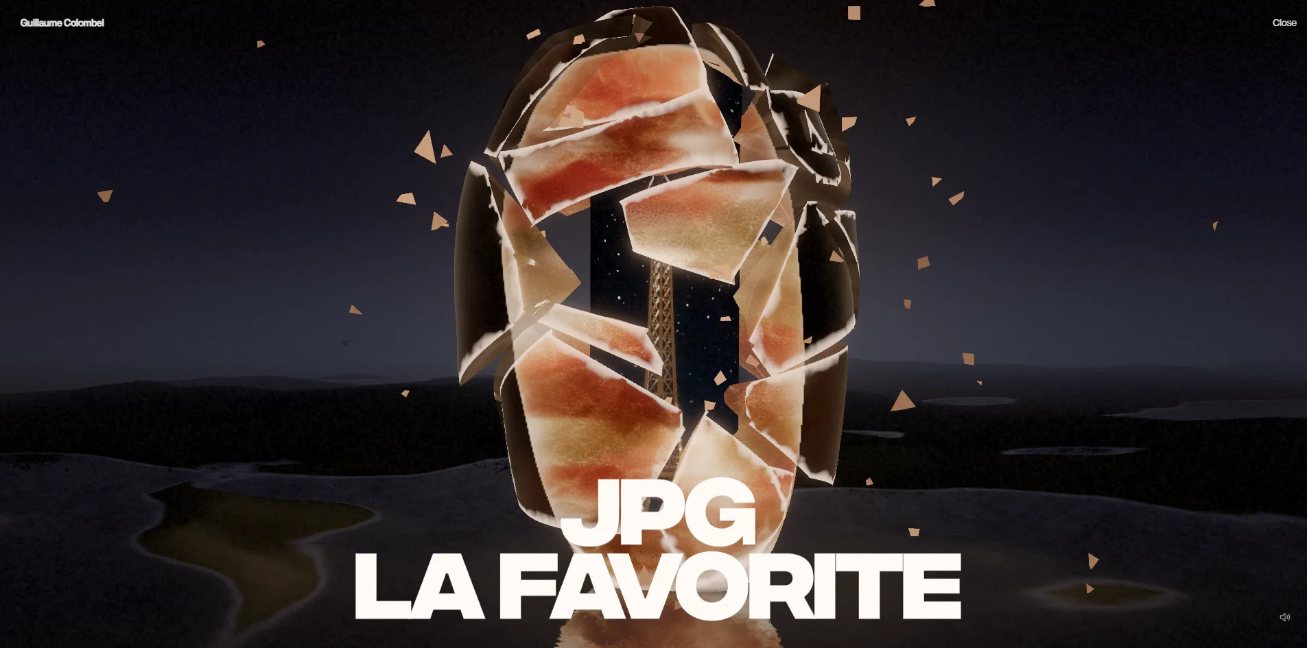 A stone at night is breaking apart, with large fragments swinging outward to reveal a cover of the Eiffel Tower behind them, small chips flying around and the white title JPG LA FAVORITE at the bottom.