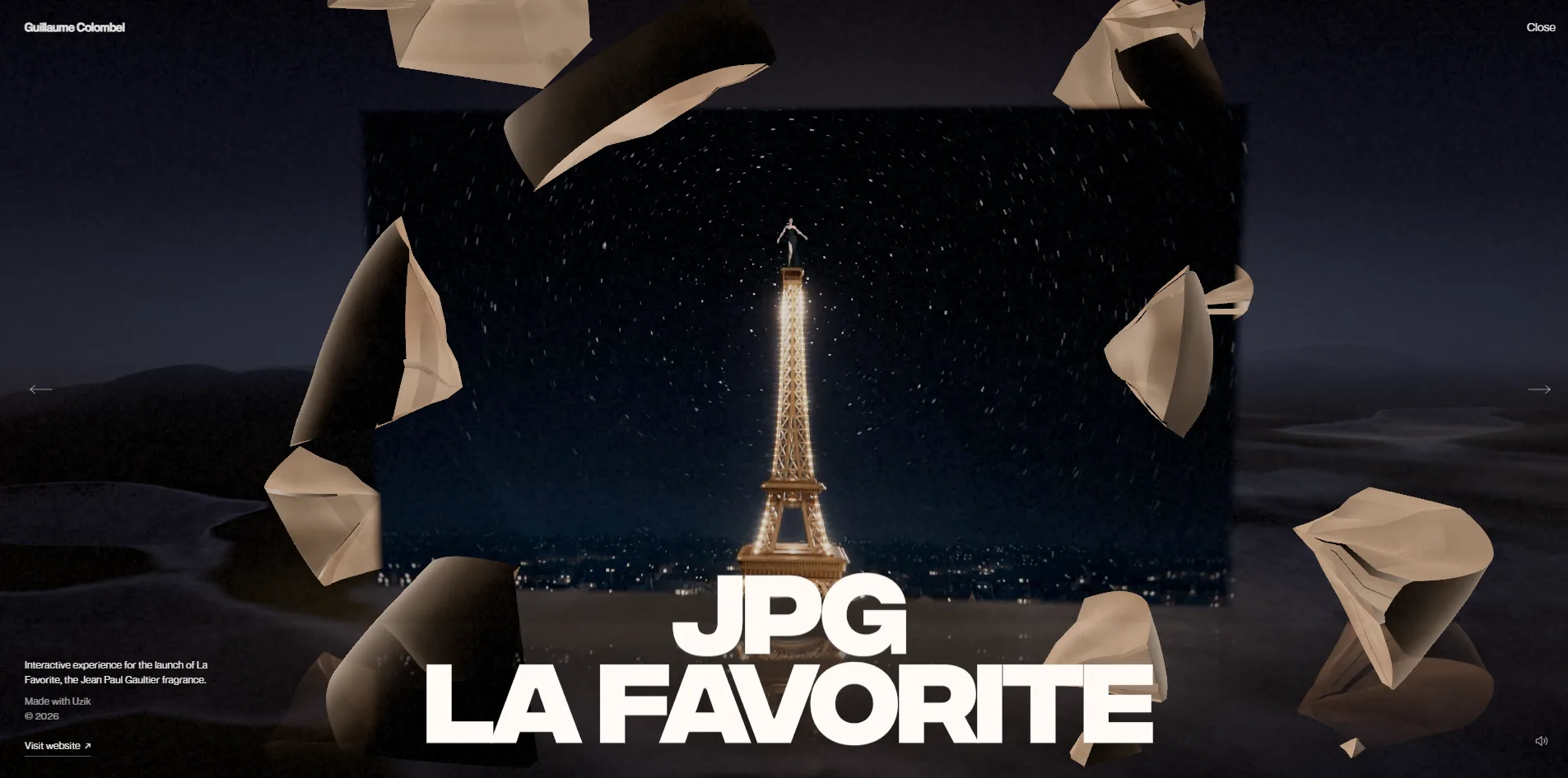 JPG La Favorite is open, with a ring of pale gold fragments hanging in the air around a cover of the Eiffel Tower under the stars, the large white title JPG LA FAVORITE at the bottom and a short project description with a Visit website link in the bottom left.