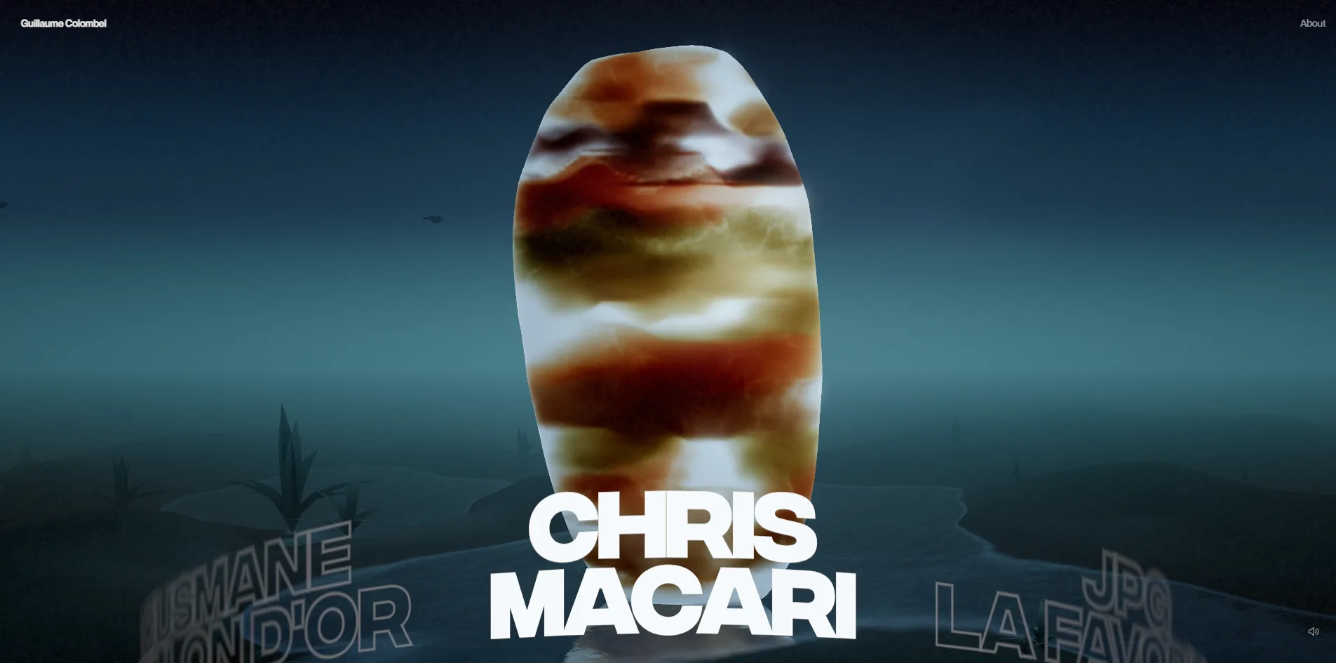 In the Chris Macari project, the sky and fog have turned teal, the bands in the stone lean toward yellow and brown, the white title CHRIS MACARI sits at the foot of the stone and outlined titles curve away on either side.