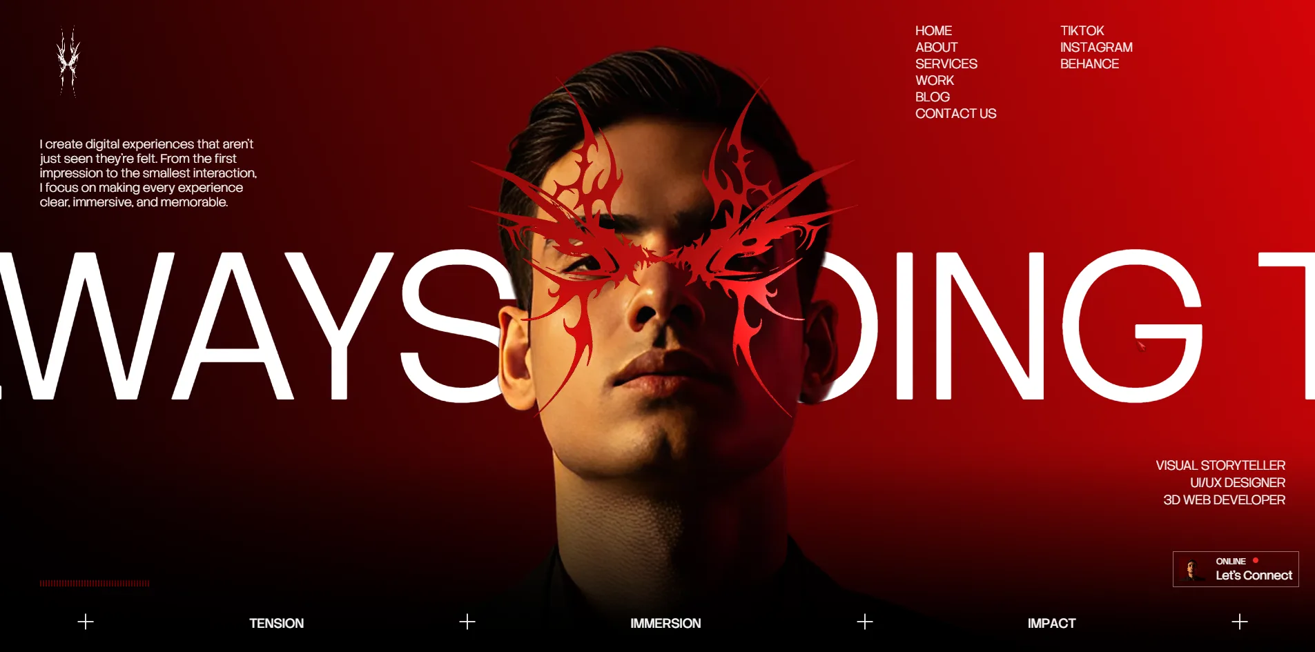 On the first screen, Meer Mohsin's face looks out from a red and black gradient with a red thorn-like sigil over his eyes, a line of large white text running behind his head and two columns of navigation in the top right.