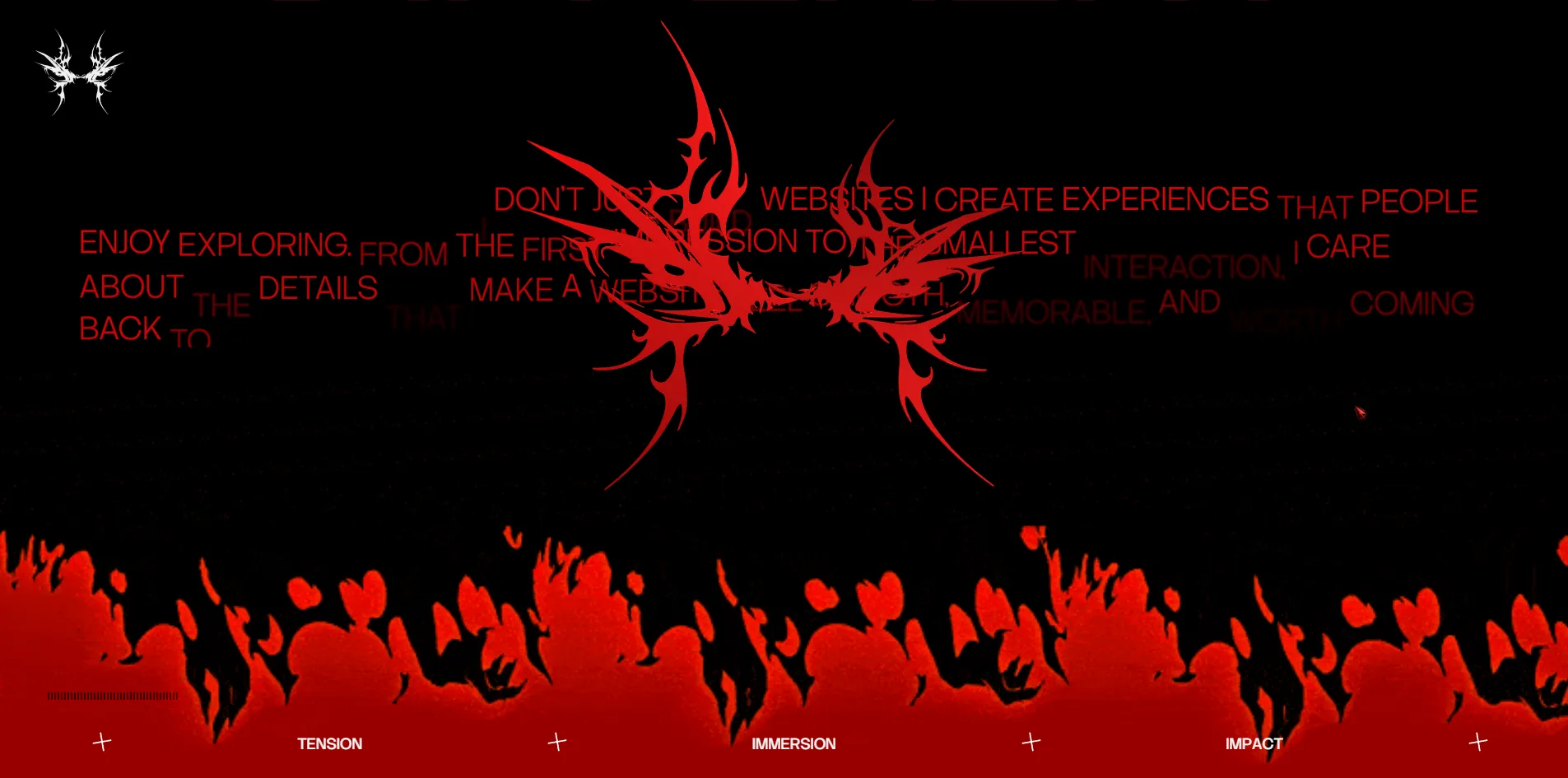 Once the sigil has left the portrait, it hangs in 3D over a black screen, surrounded by red text in mixed sizes, with a row of jagged red shapes like flames along the bottom.