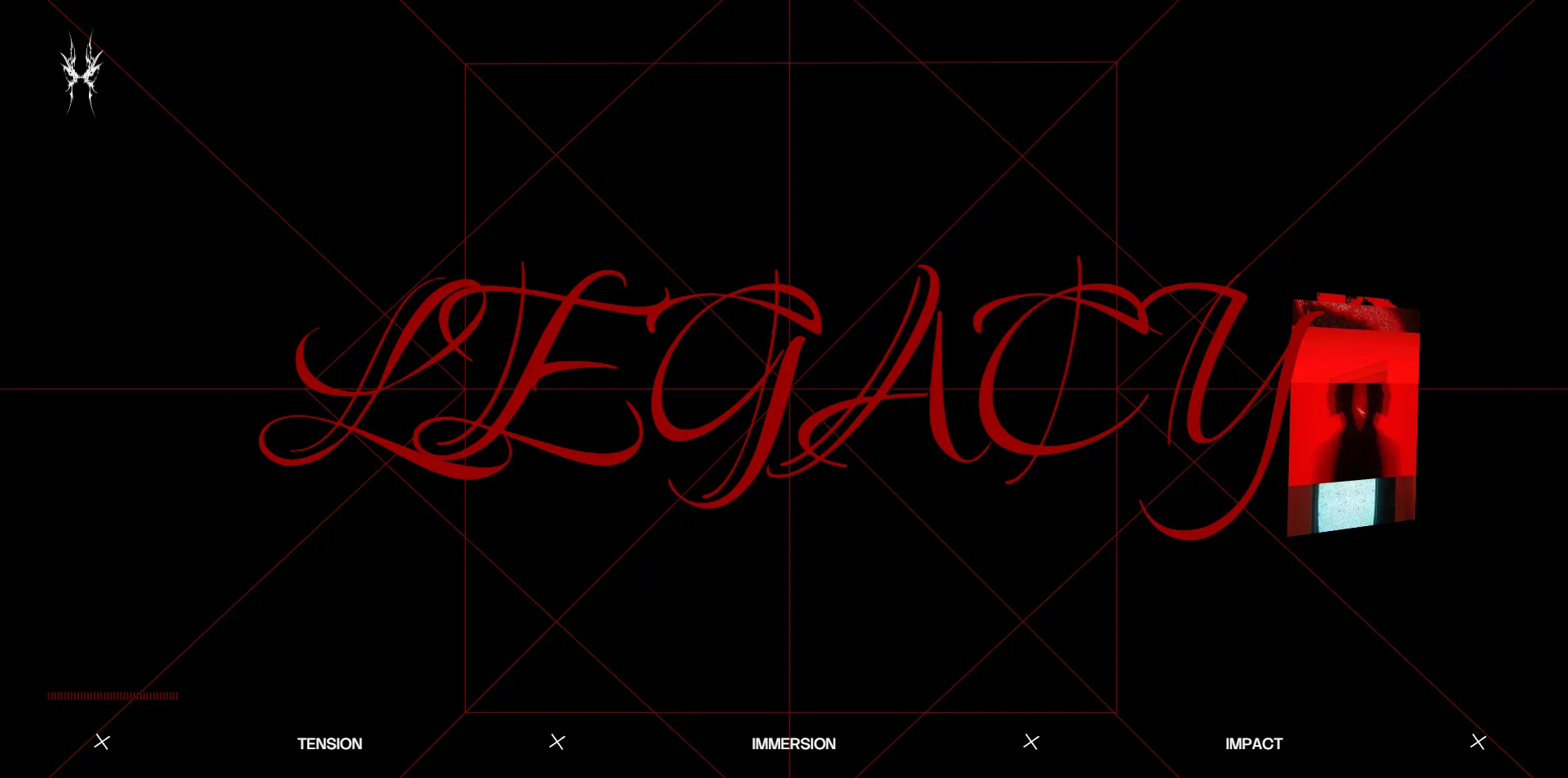 In the services section, a huge red script LEGACY stretches across black, with a small window laid over the end of the word to show a red-toned picture and a fine diagonal grid in the background.