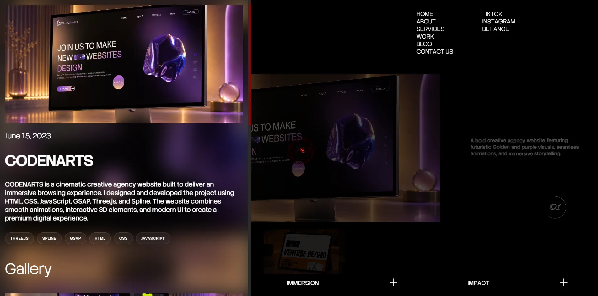 After CODENARTS is opened in the work section, a panel on the left shows the date June 15, 2023, the project name, a description and a row of technology tags, with the project's monitor mockup on the right.