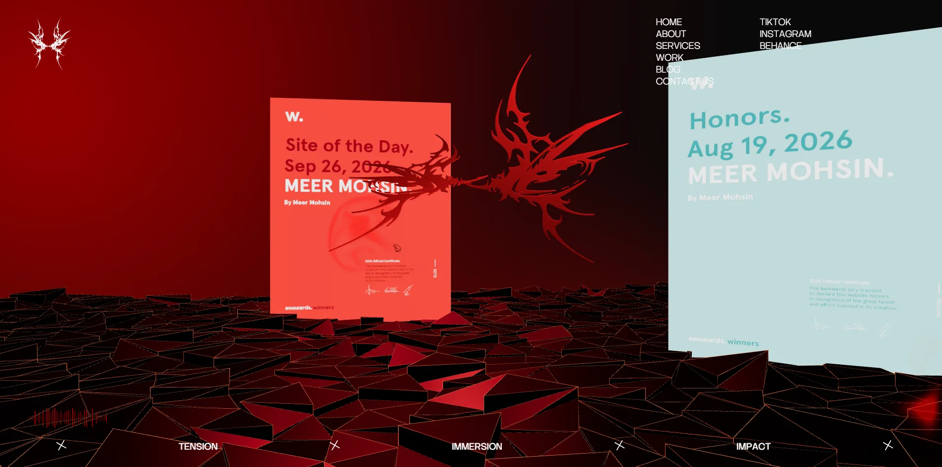 In the awards section, a red Site of the Day certificate and a pale blue Honors certificate stand on a shattered floor of red polygons, with the red sigil passing between them.