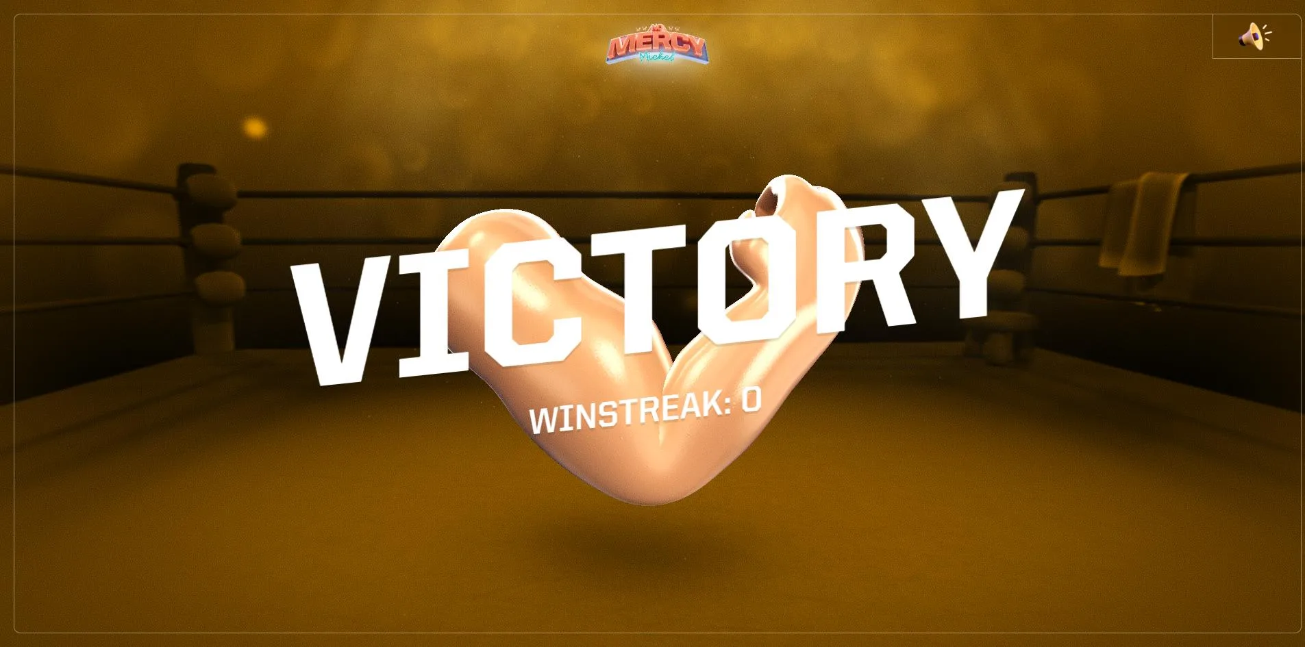 After the whole match is won, a pale arm hangs in the middle of a golden boxing ring, with the large white word VICTORY slanted across it and WINSTREAK: 0 written below.