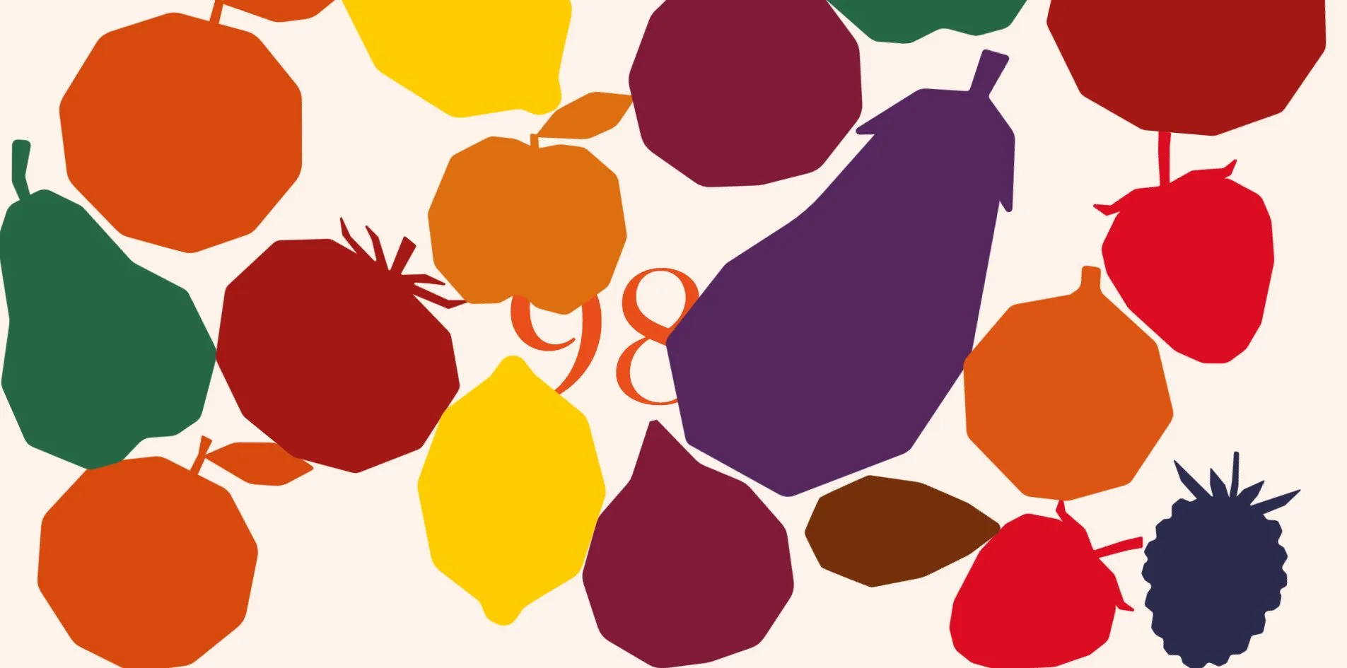 A cream screen covered in paper-cut fruit silhouettes, a green pear, orange tangerines, a yellow lemon, a purple aubergine, a red strawberry and a dark blue blackberry piled together, with the orange number 98 showing between them.